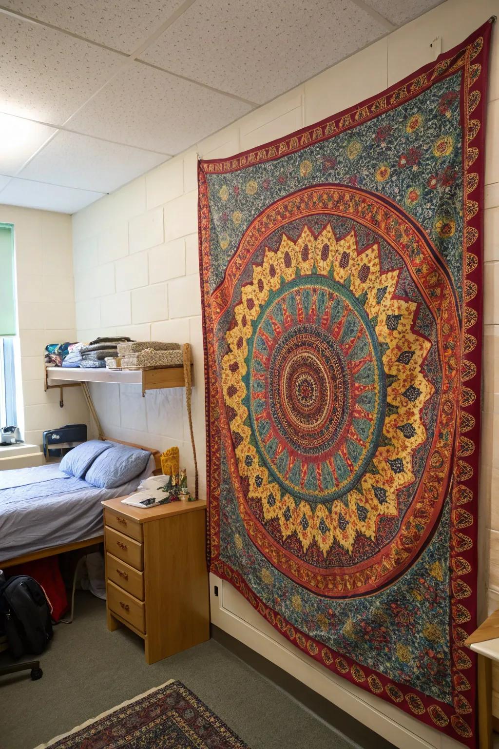 A bold tapestry serves as an eye-catching focal point in this student room.