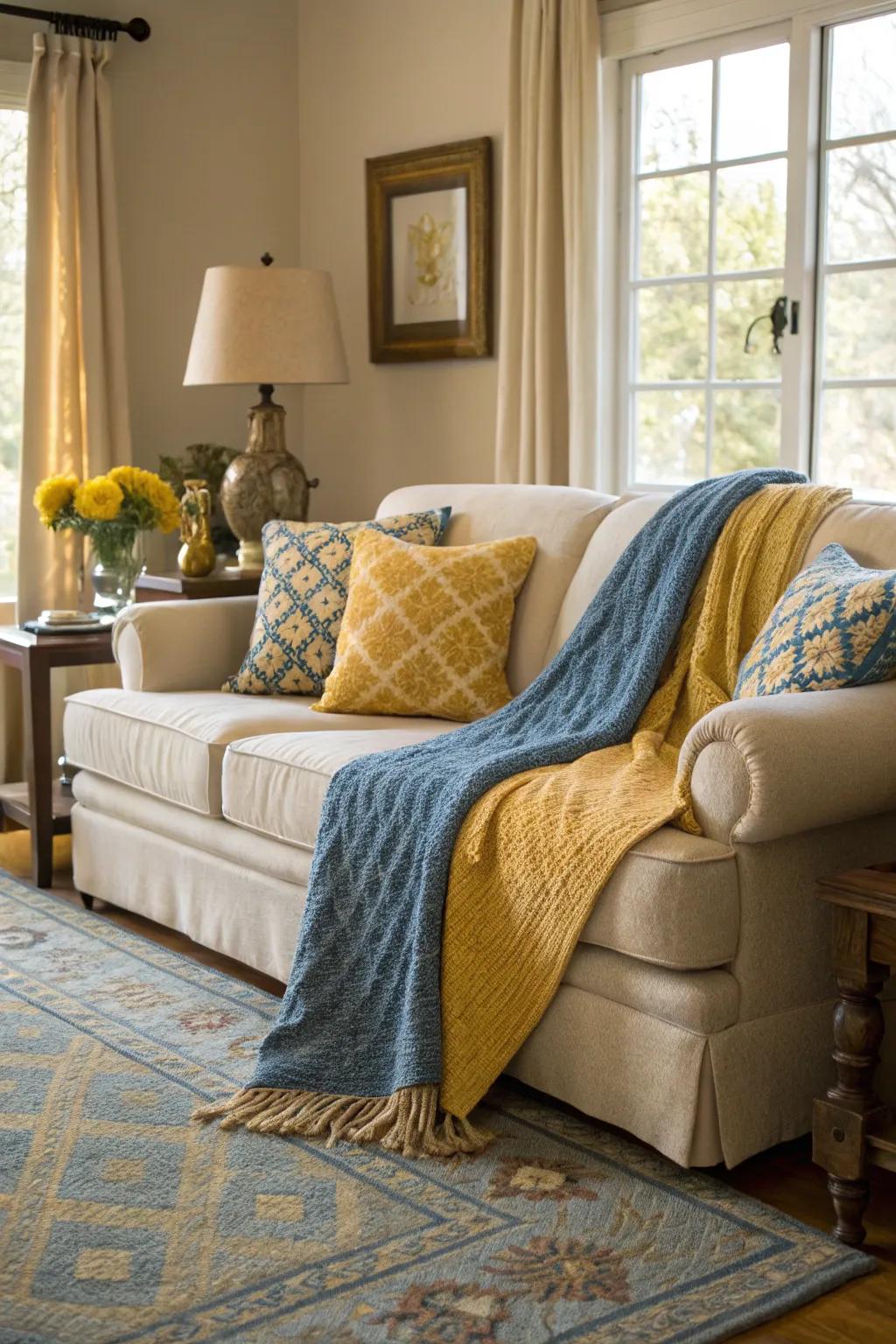 A settee elegantly styled with an azure and amber covering, contributing a snug ambiance.