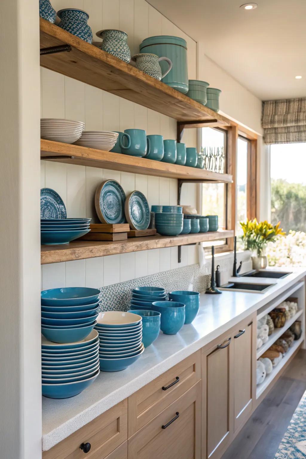 Open shelves with blue accents provide a stylish display.