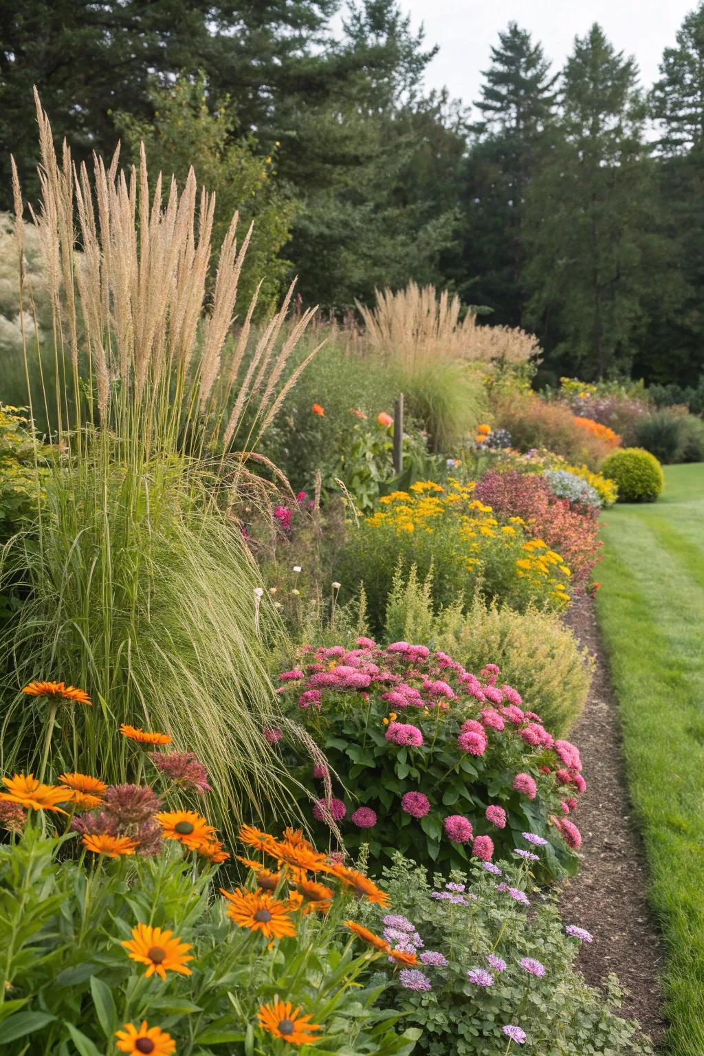 Grasses harmonize with vibrant perennials for dynamic appeal.