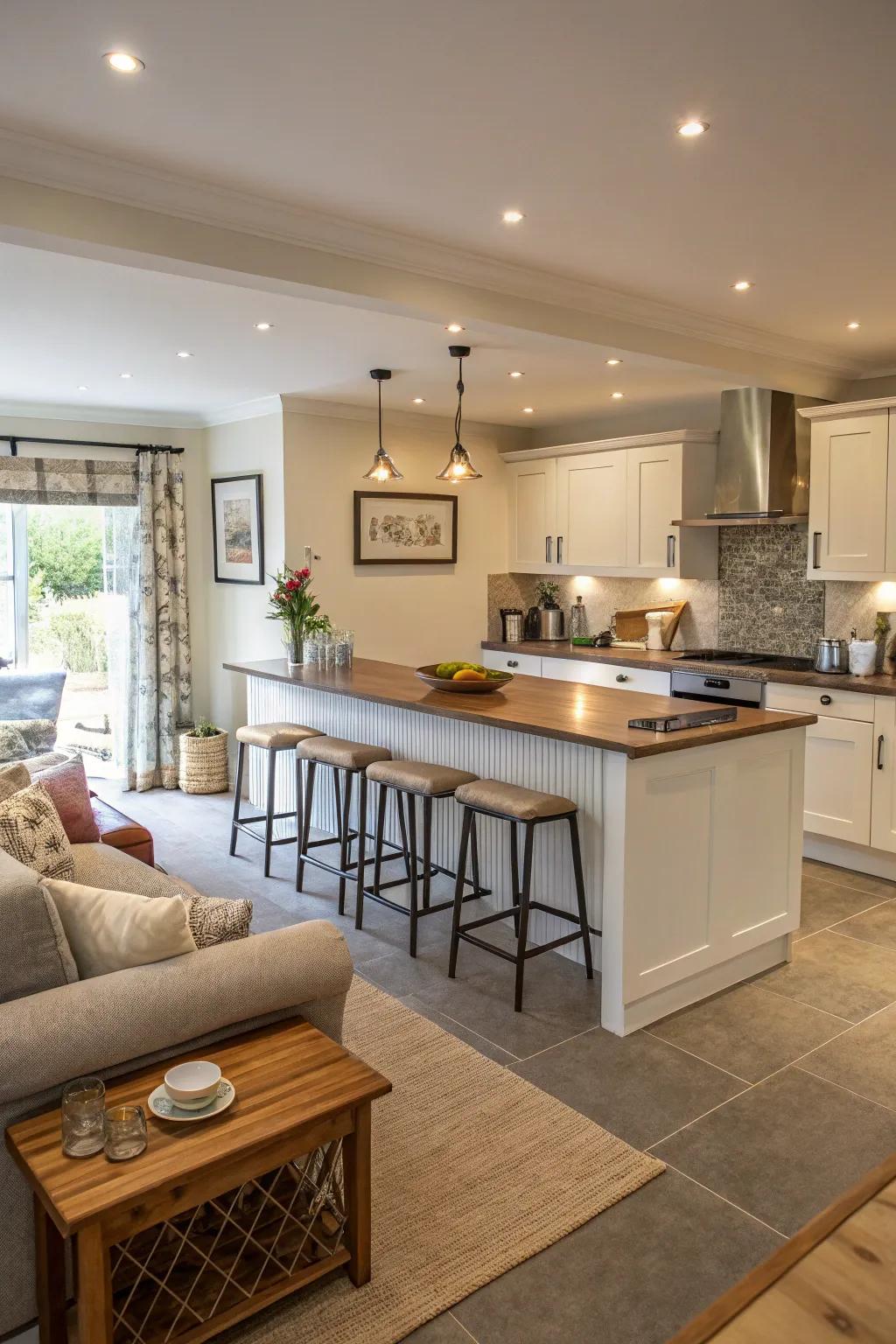 An open-plan kitchen with a breakfast bar enhancing social interaction.