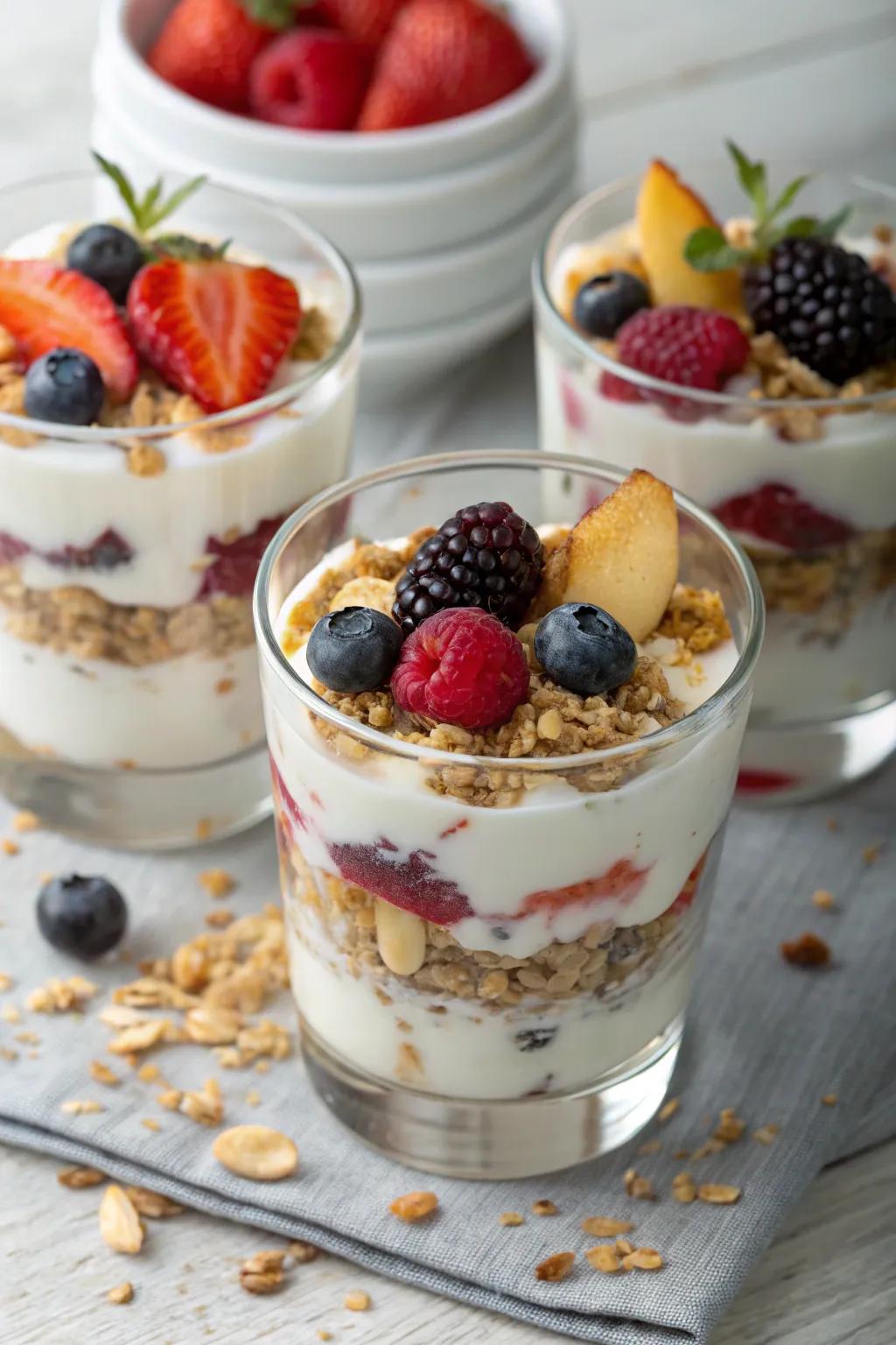 Healthy yogurt and granola parfaits for visual appeal.