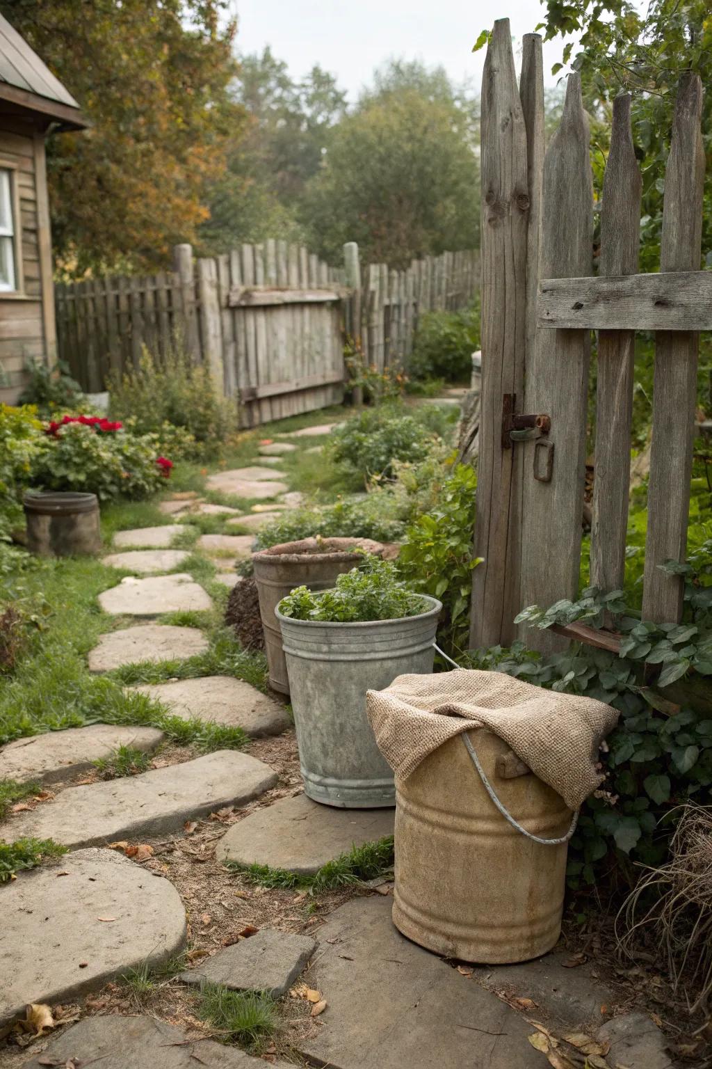 Buckets with burlap covers creating a rustic garden ambiance.