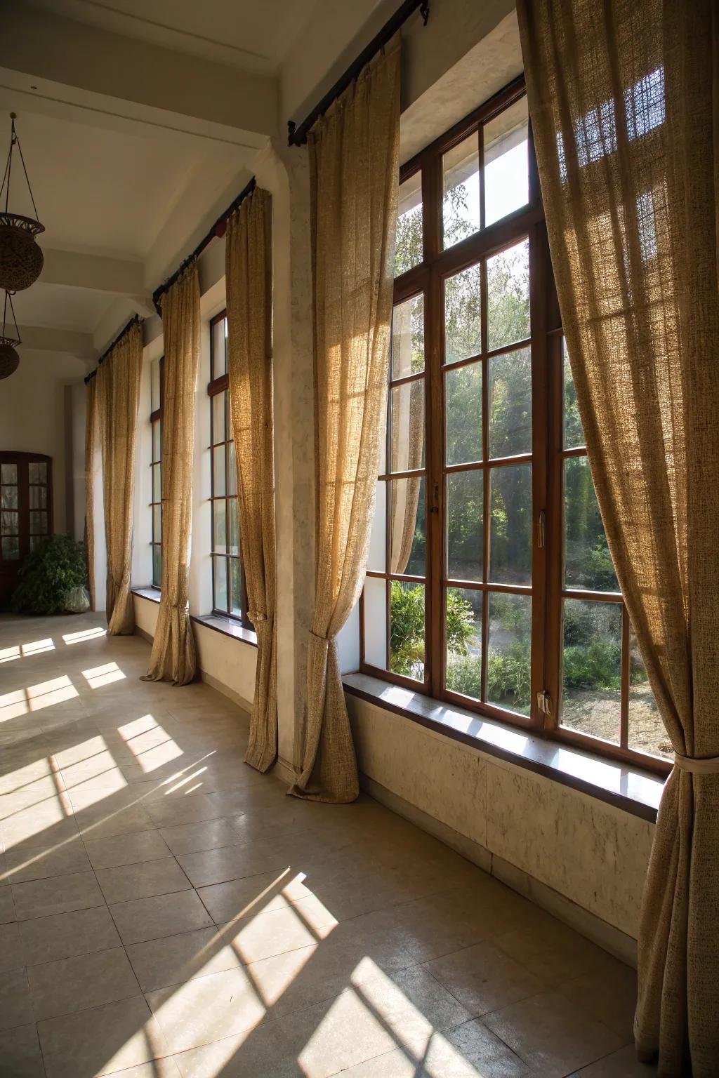 Burlap curtains bring a touch of rustic elegance.
