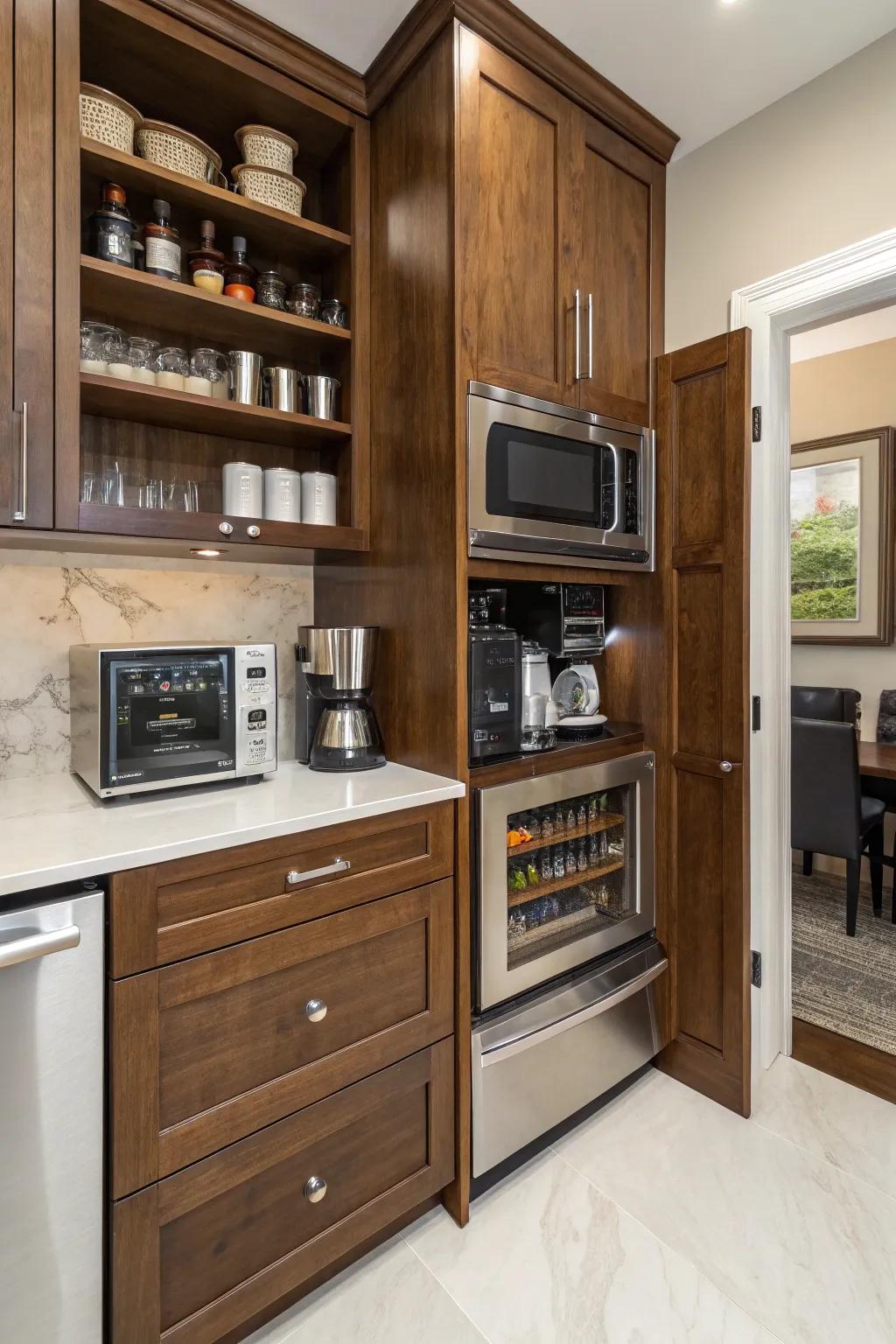 Compact appliances neatly arranged within the pantry design.