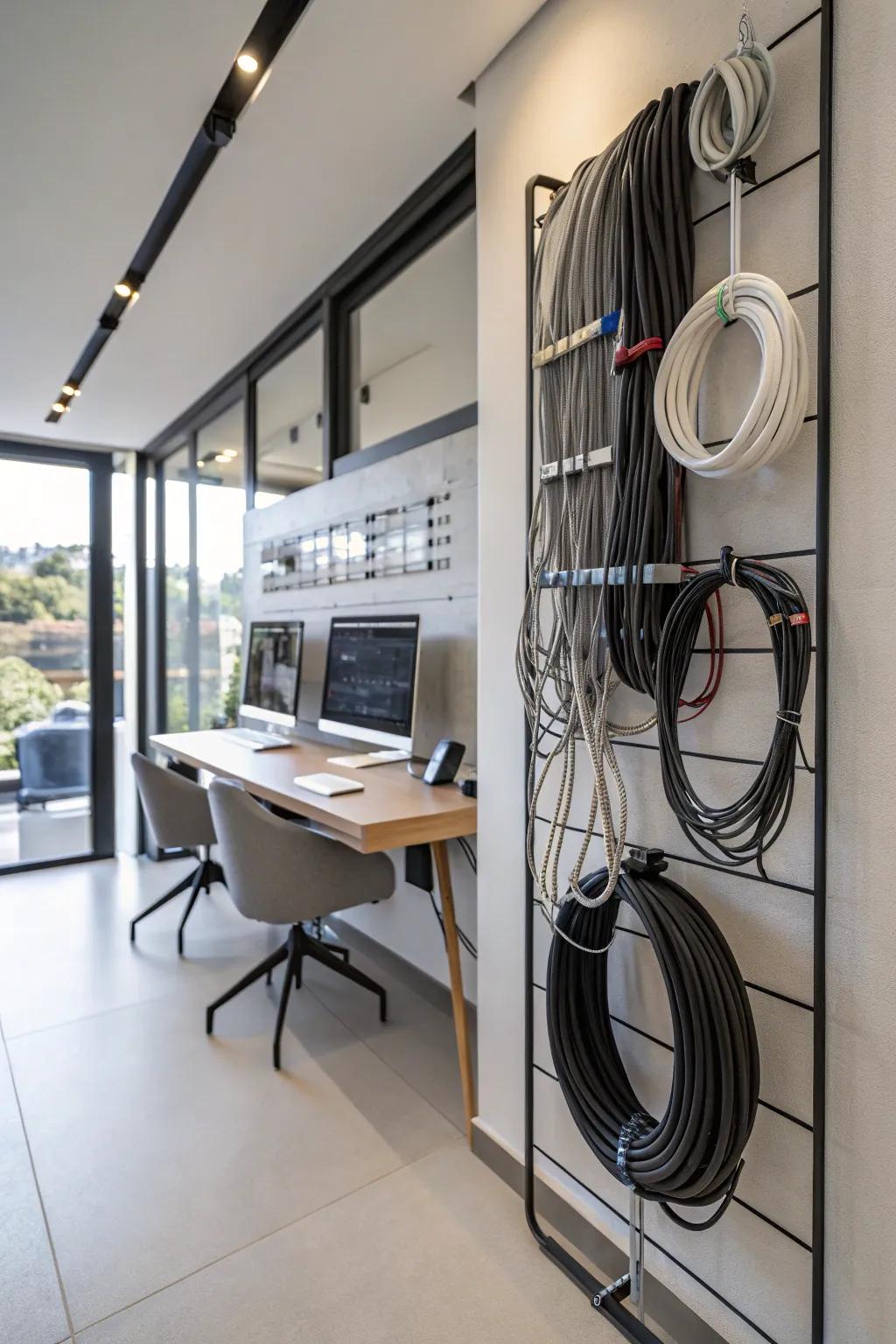 Wall-mounted cable rack for arranged storage.
