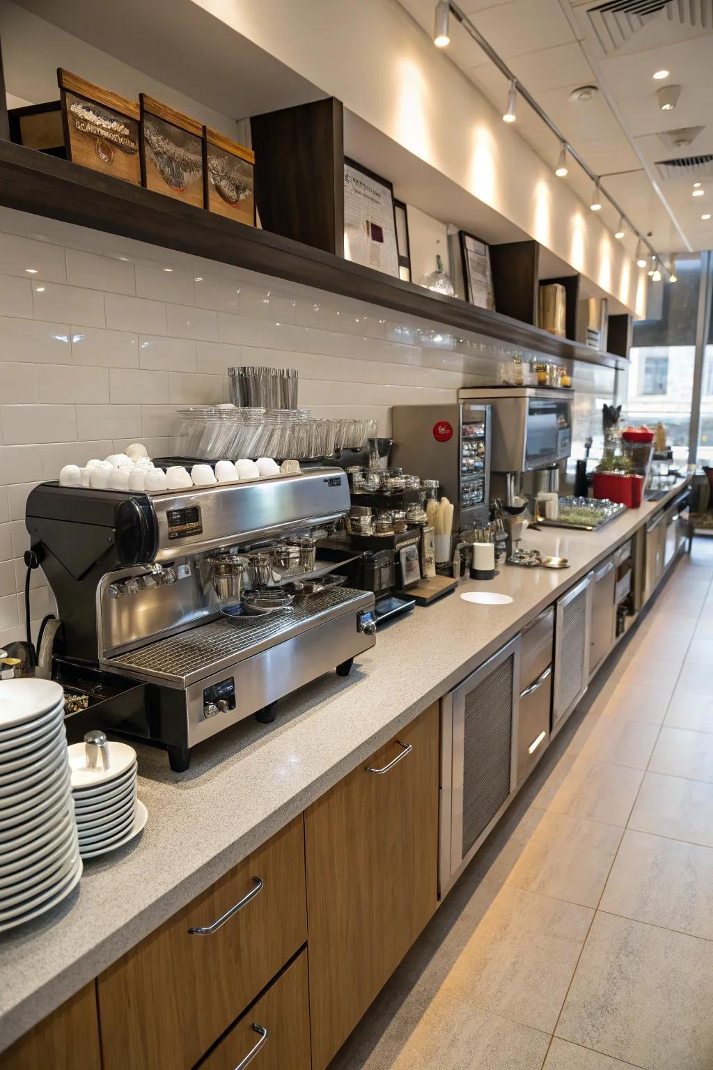 An assembly line layout in a cafe kitchen designed for efficient service.