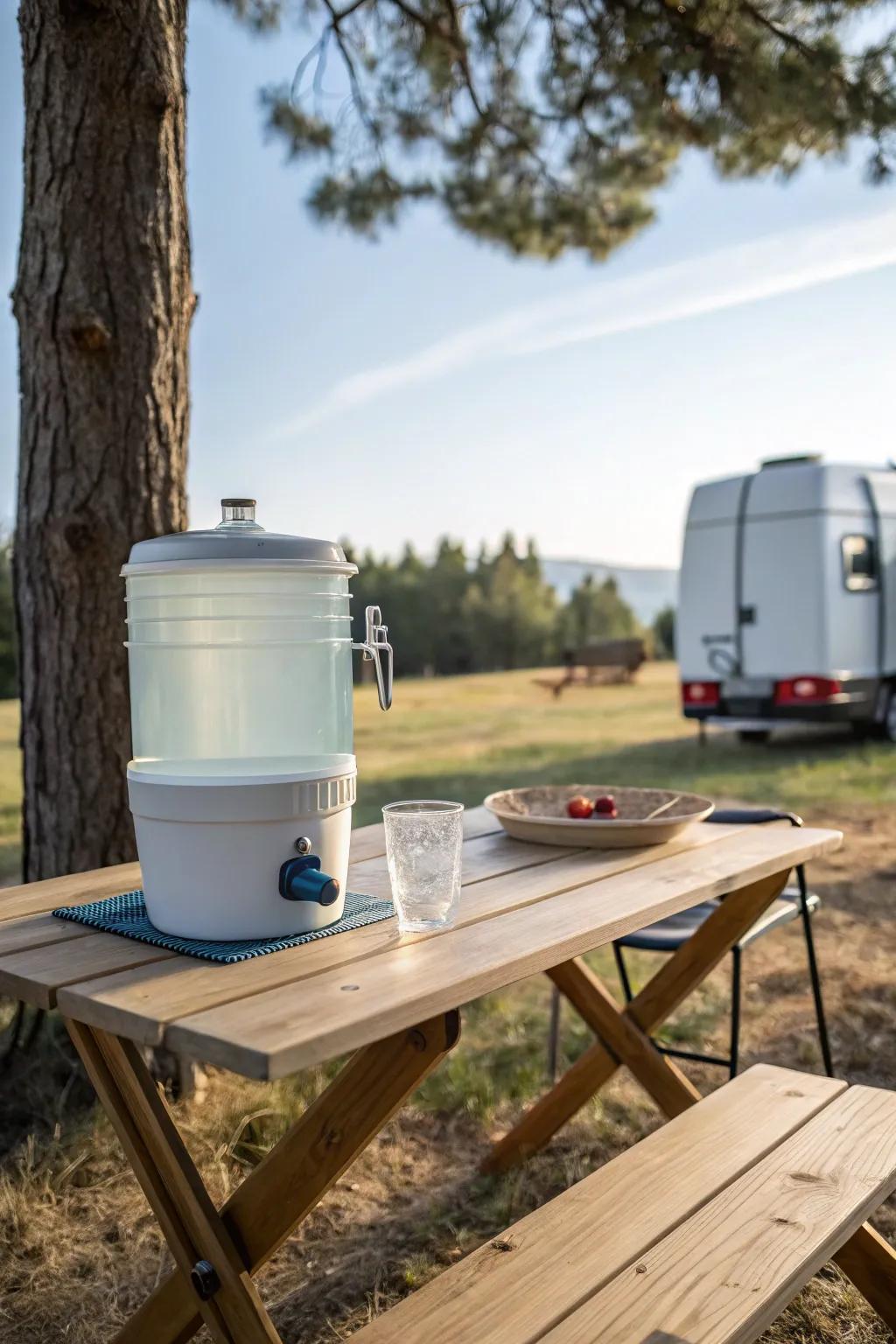Keep clean and hydrated with a moveable water container.