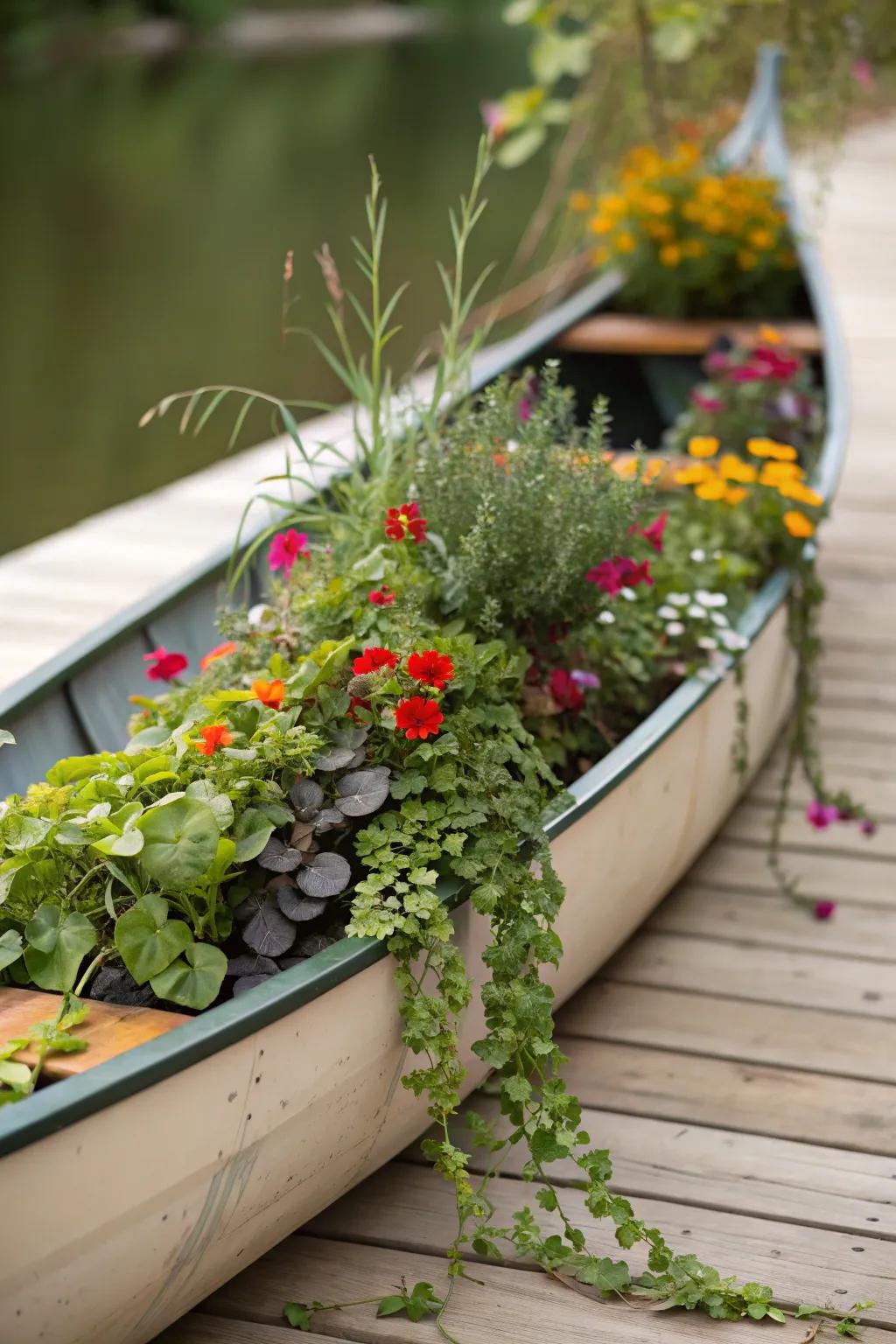 An angled canoe planter creates dynamic visual interest in a garden.