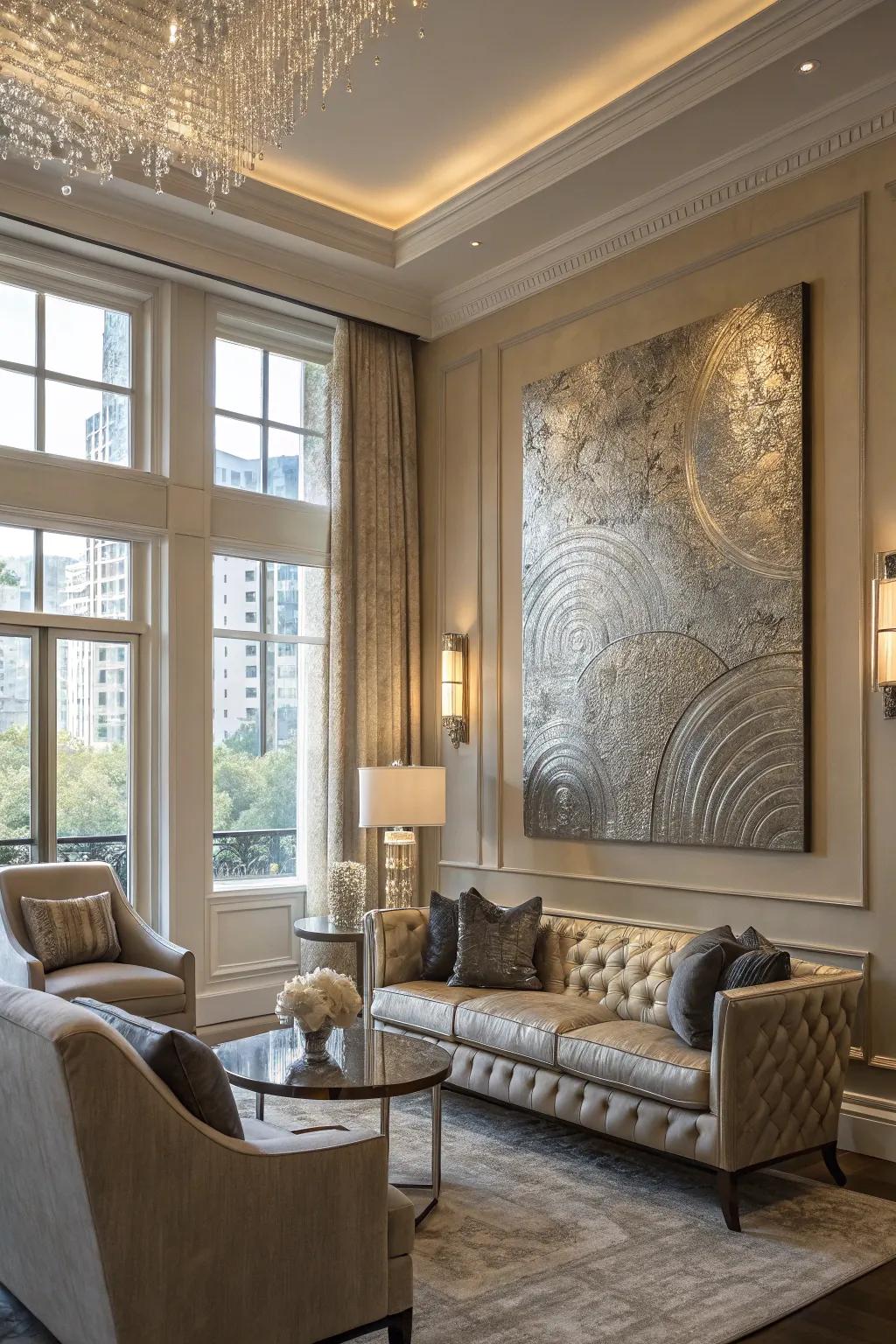 Textured and metallic art adds depth and a touch of glamour.