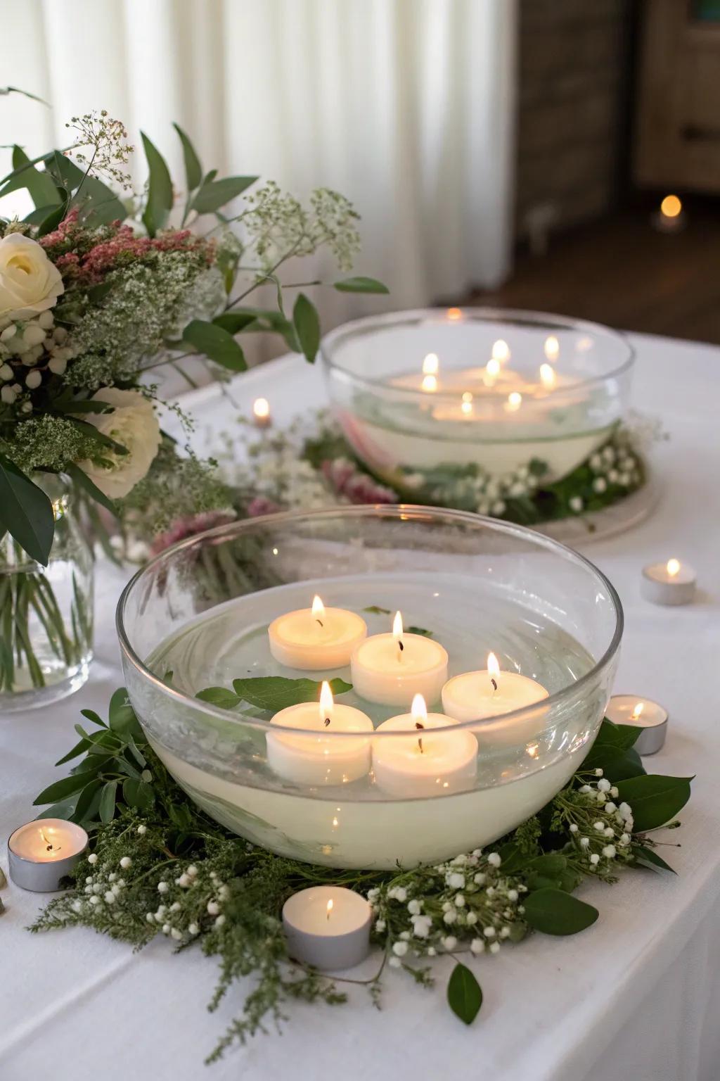 Floating candle arrangement creating a warm glow.