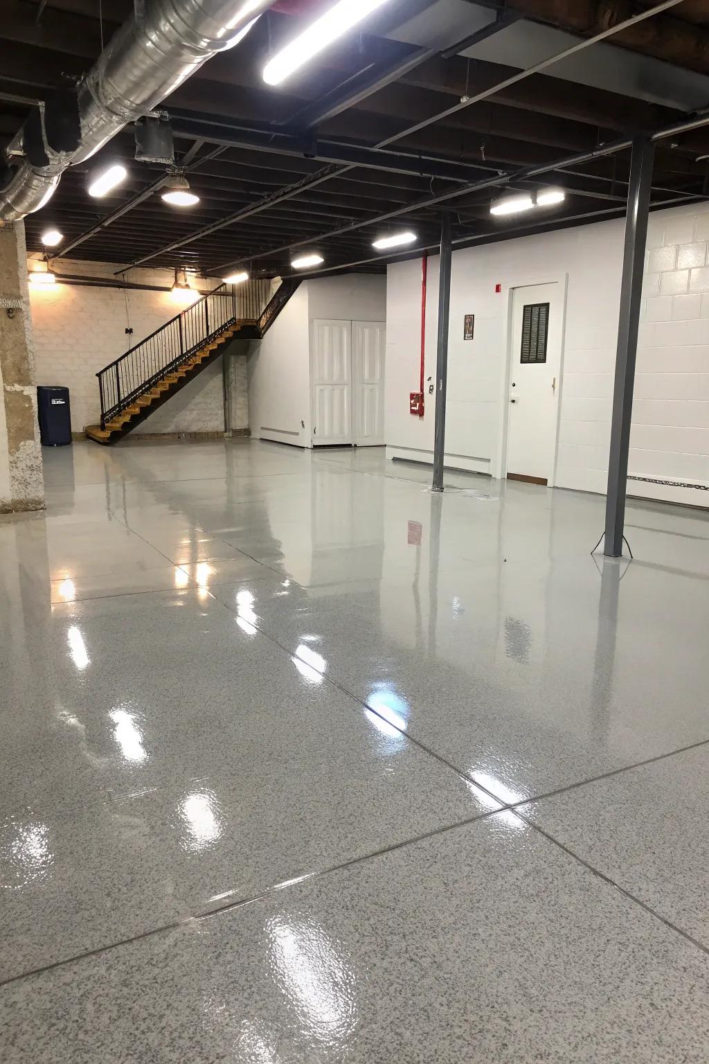 Synthetic resin surfaces deliver a resilient and glossy look perfect for highly used basement zones.