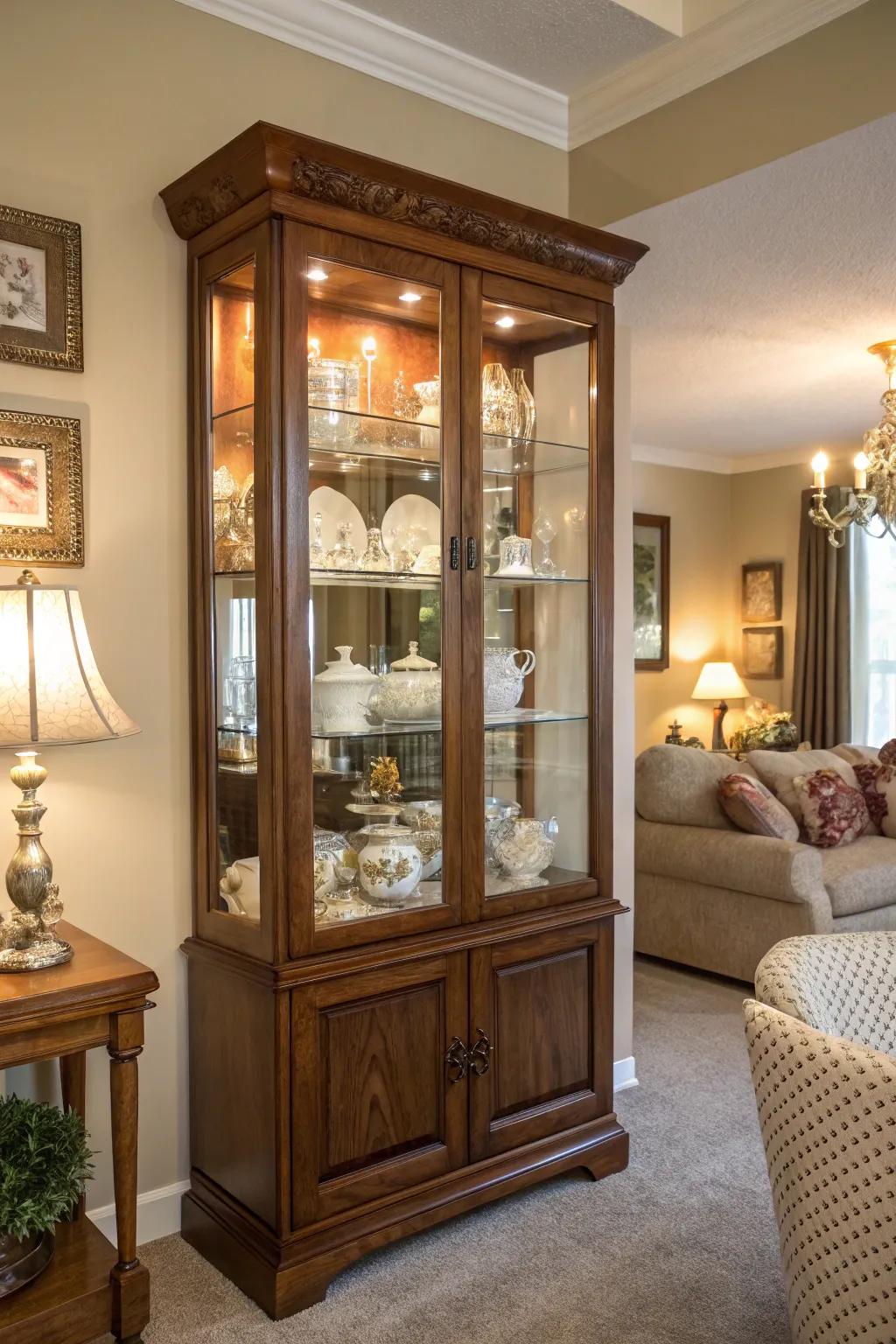 Unique collections tastefully displayed inside a display case.