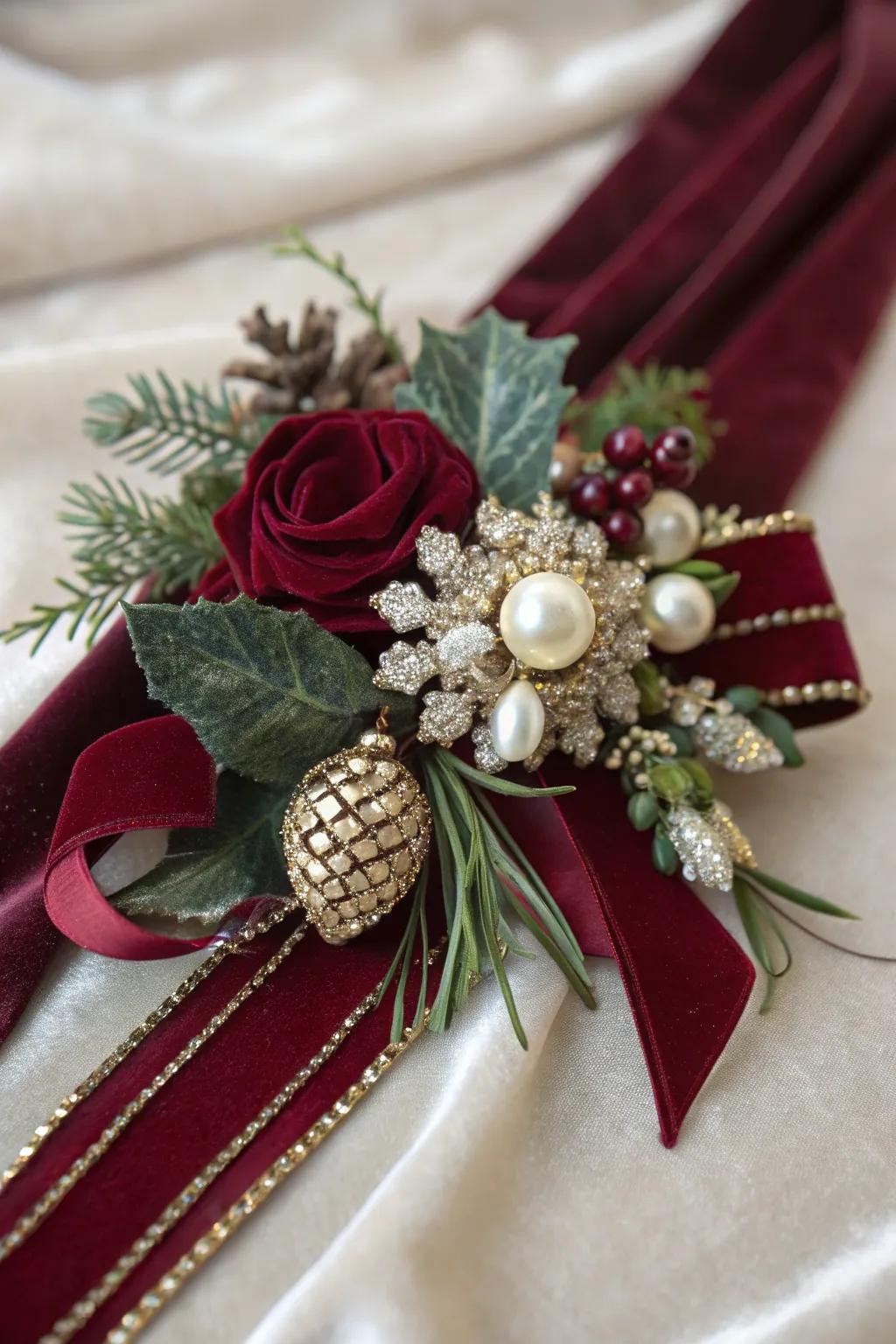 A vintage-inspired Christmas corsage with velvet ribbons.