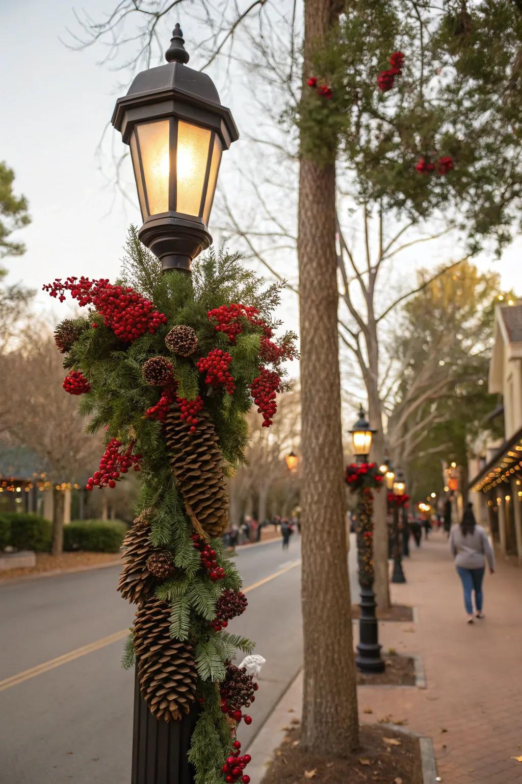 Floral sprigs introduce a festive detail to a lamp post decoration.