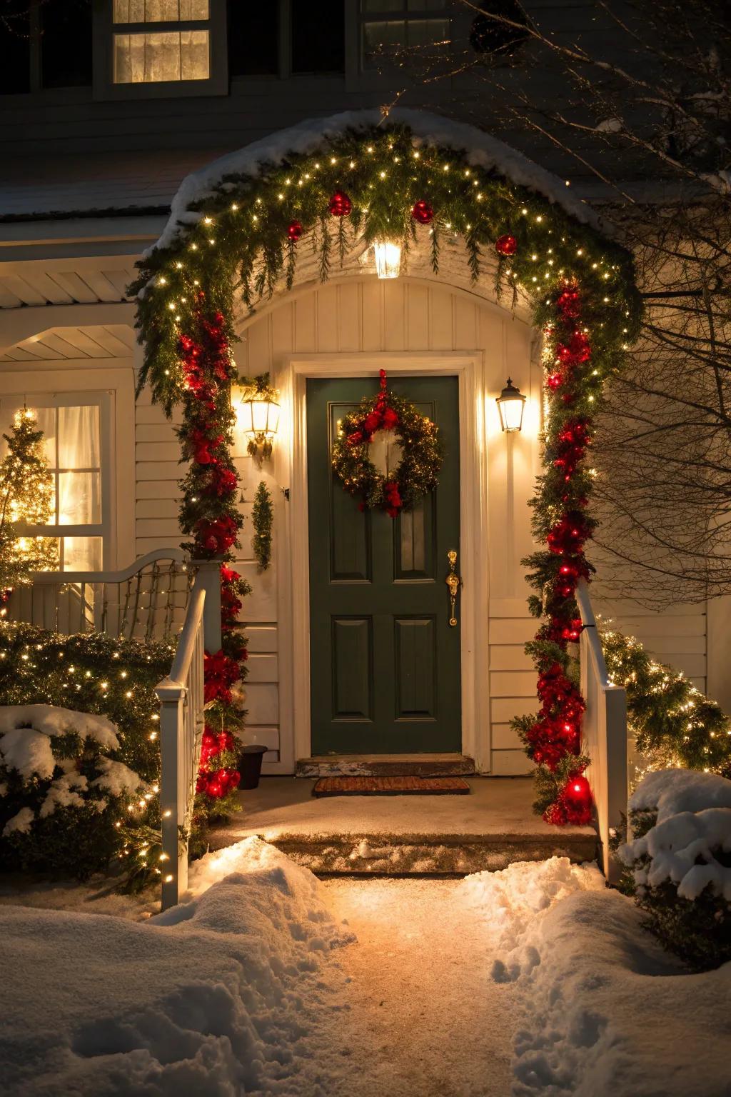 A welcoming entrance decorated with Christmas lights and garlands.