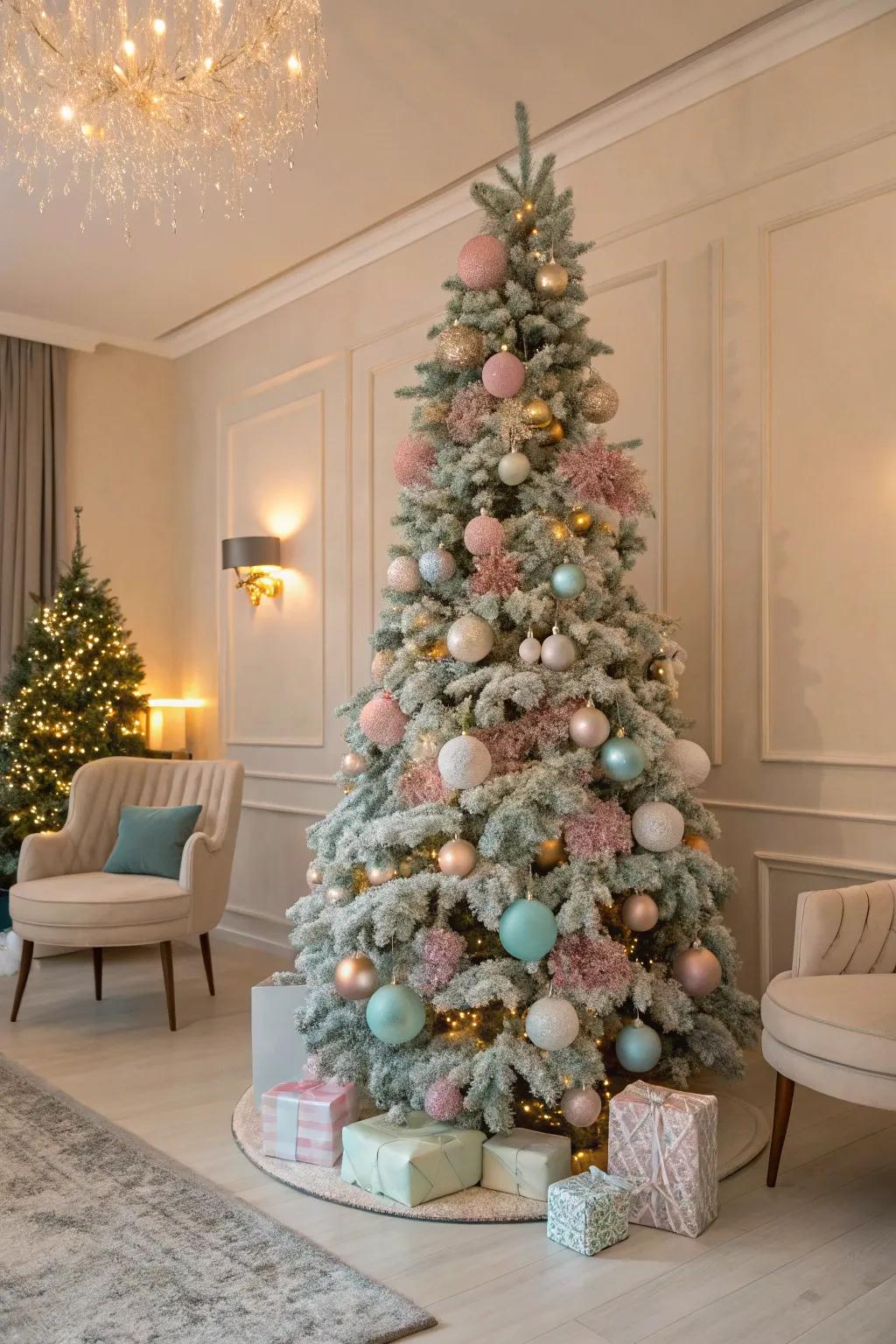 Pastel hues fashion a delicate and sophisticated Christmas tree theme.