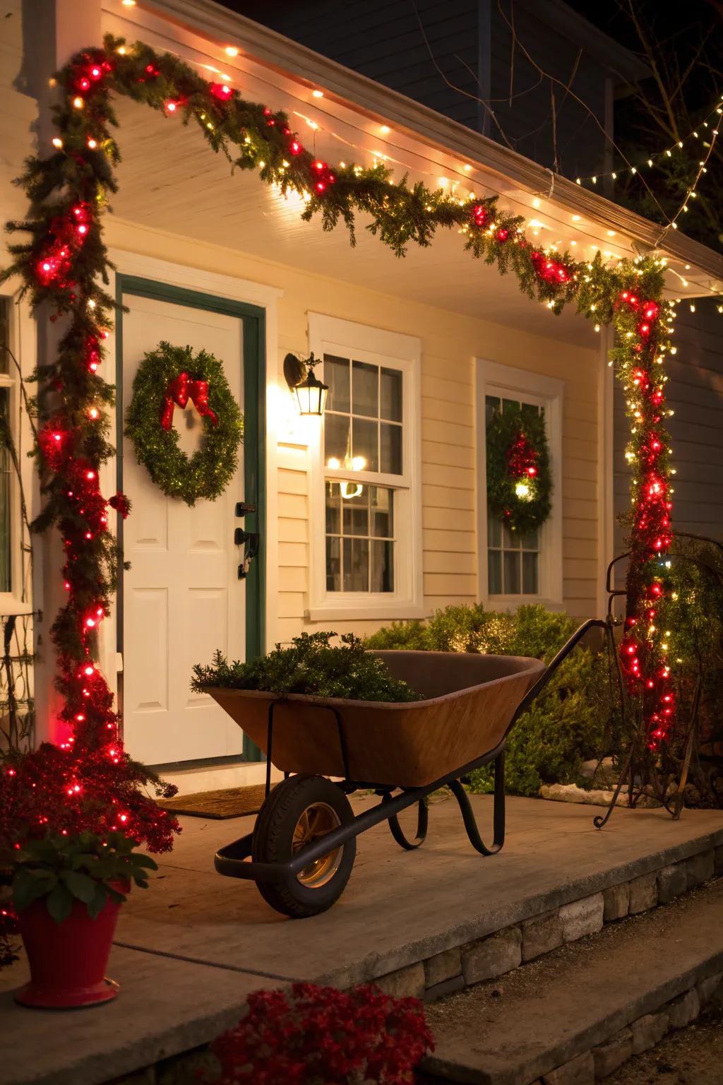 A welcoming porch display featuring a festive wheelbarrow.