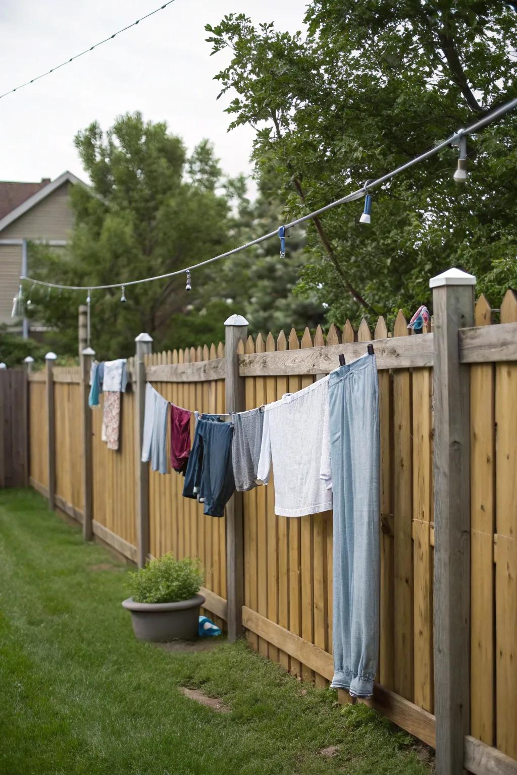 Utilize your fence for a space-saving clothesline solution.