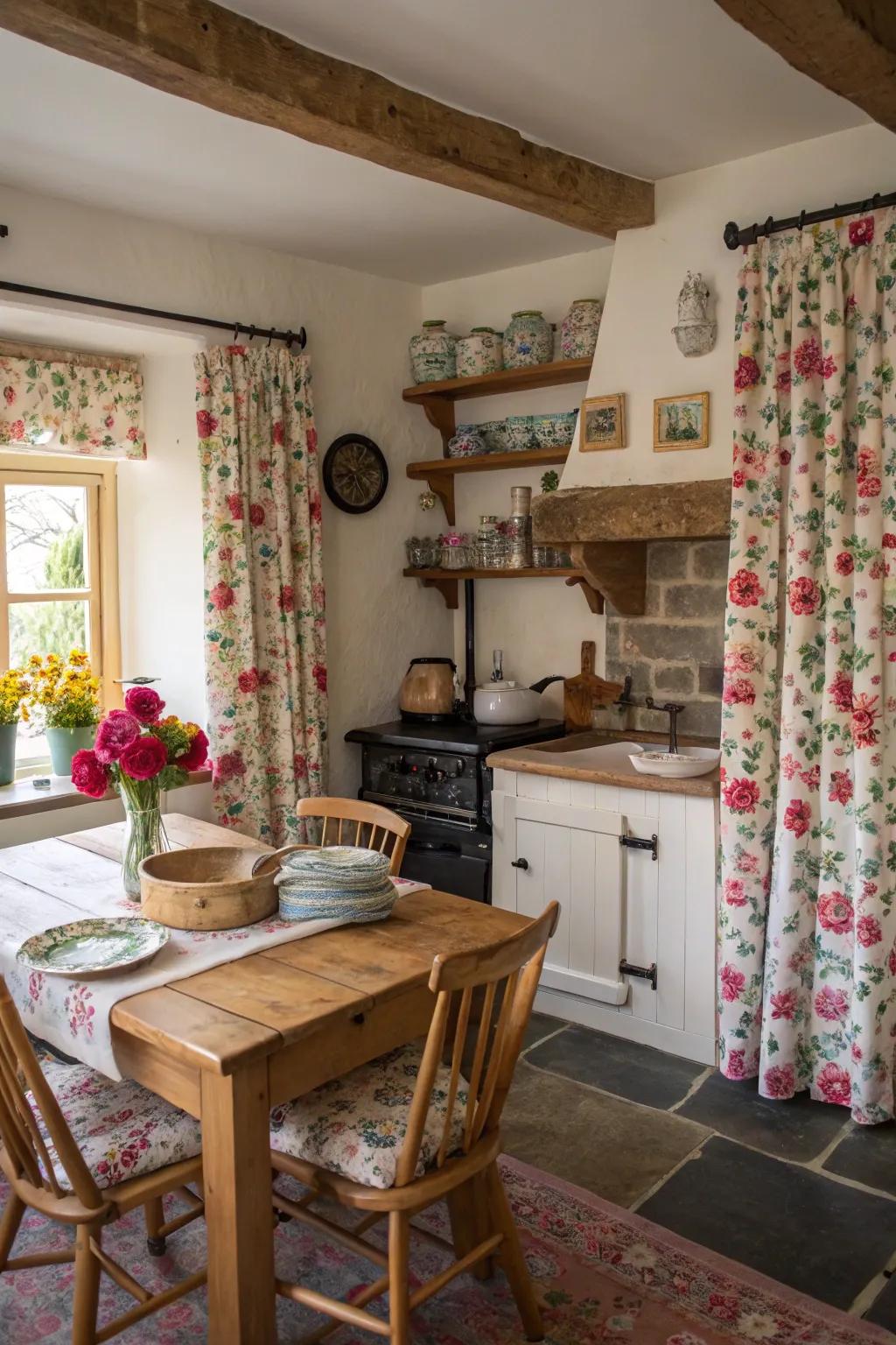 Floral fabrics amplify the cozy sensation of this country kitchen.
