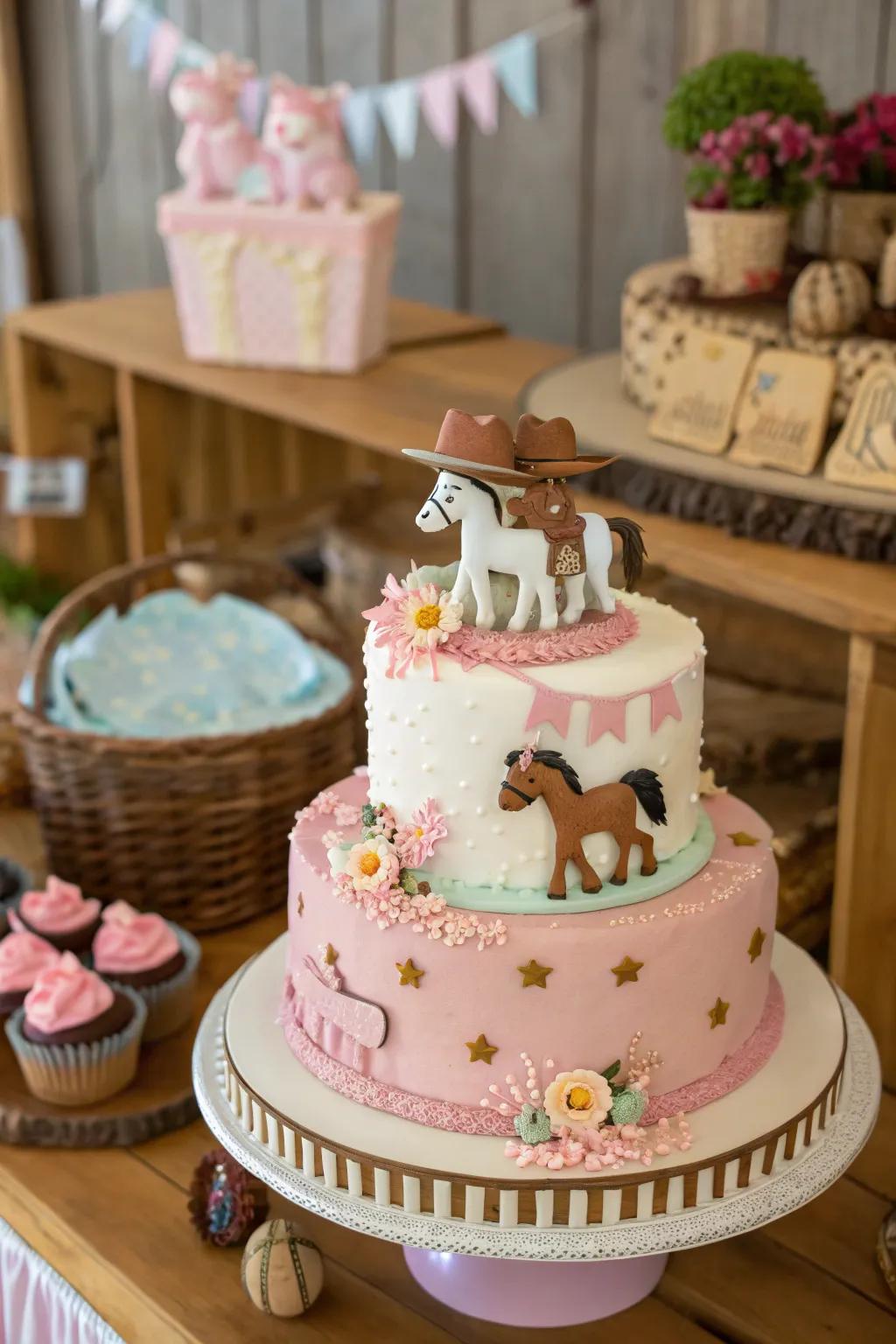 Pony miniatures bring a whimsical and joyous essence to this cowgirl baby shower cake, spreading smiles and cheer.