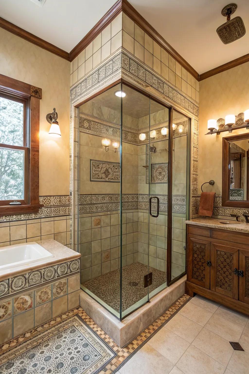 A spacious feel created by a clear glass shower enclosure in a craftsman bathroom.