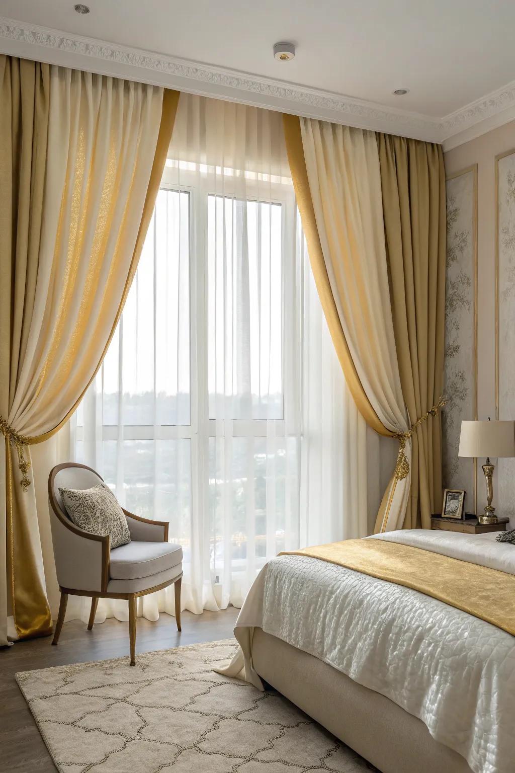 Rich drapes infuse warmth and sophistication into the bedroom.