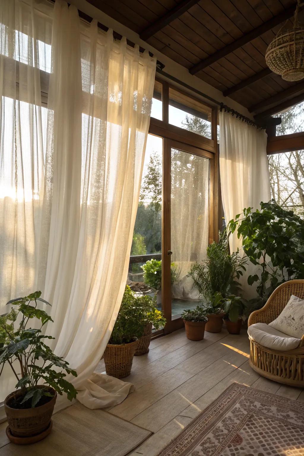 Delicate drapes provide brightness and seclusion.