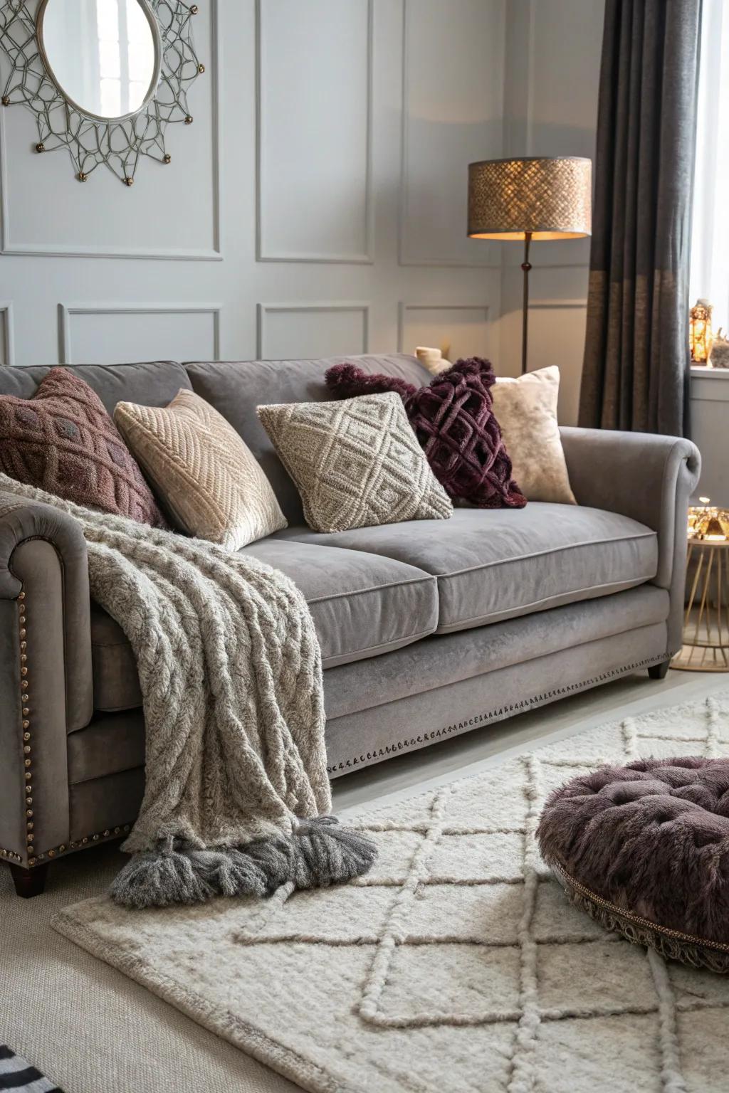Combining textures enriches the visual charm of a charcoal sofa.