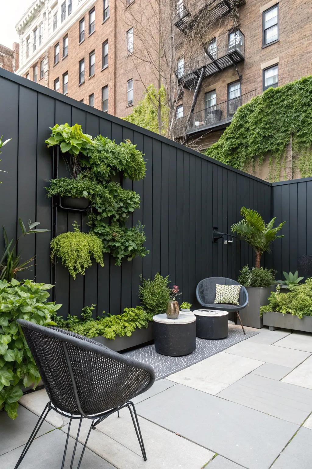 An urban oasis featuring a deep charcoal barrier and a lush living wall.