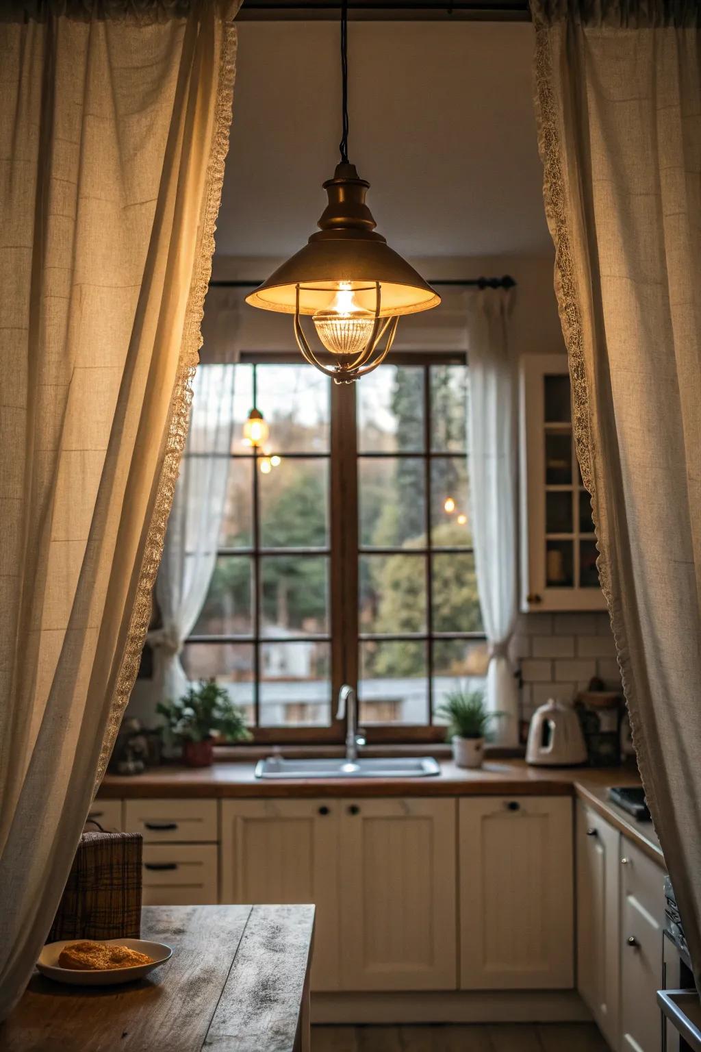 A hanging light introduces warmth and panache to the kitchen.