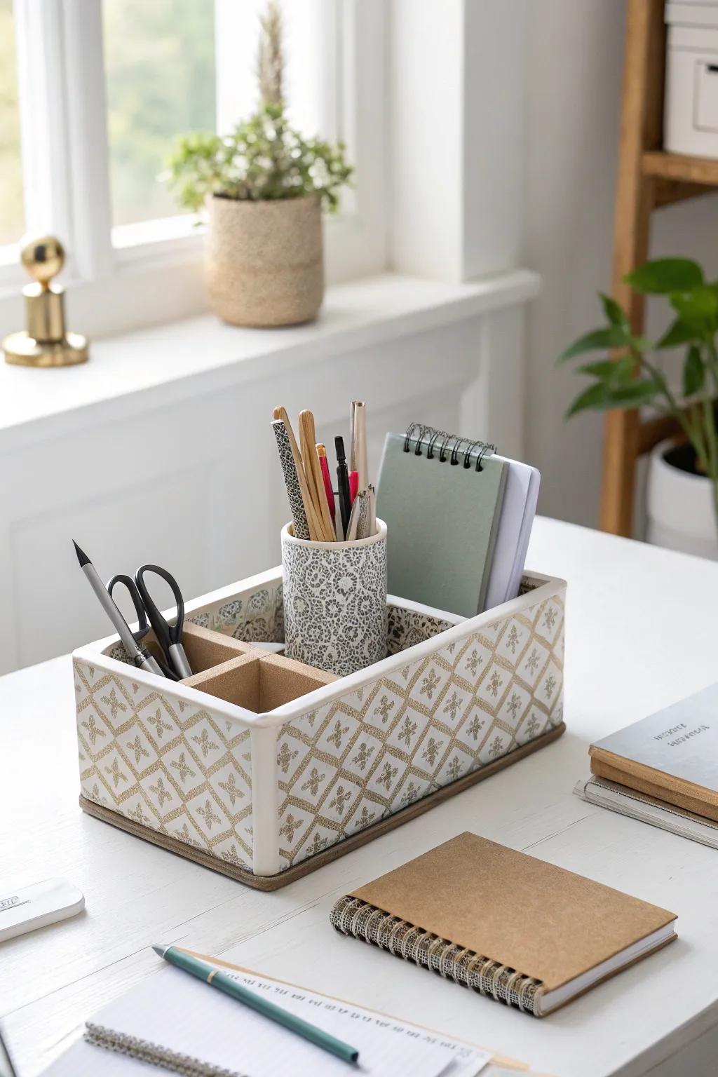 A desk organizer maintains order and elegance in a workspace.