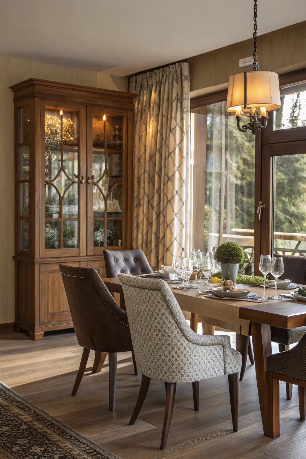 A harmonious mix of materials that crafts a visually captivating dining area.