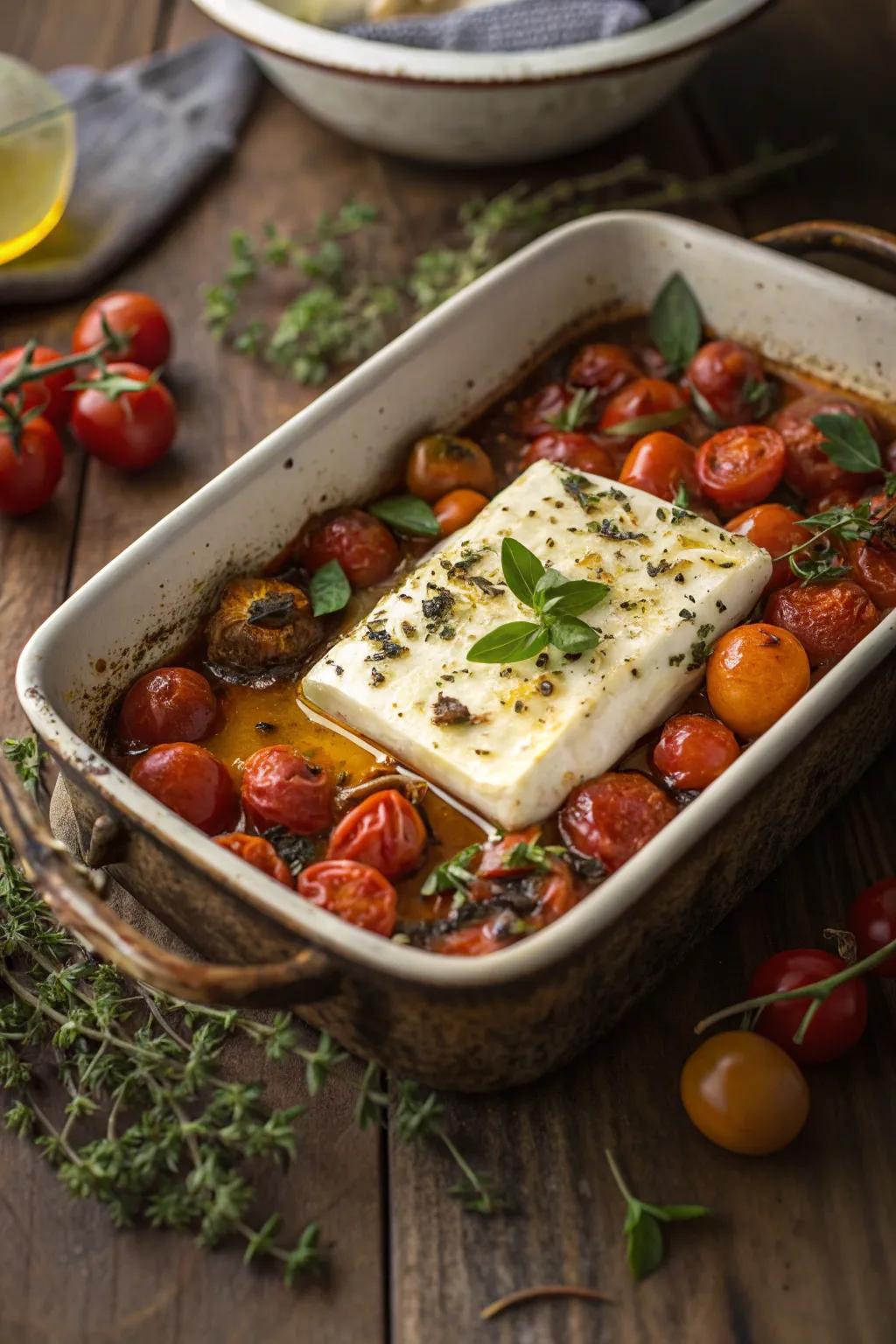 Baked feta with cherry tomatoes, a Mediterranean-inspired delight.