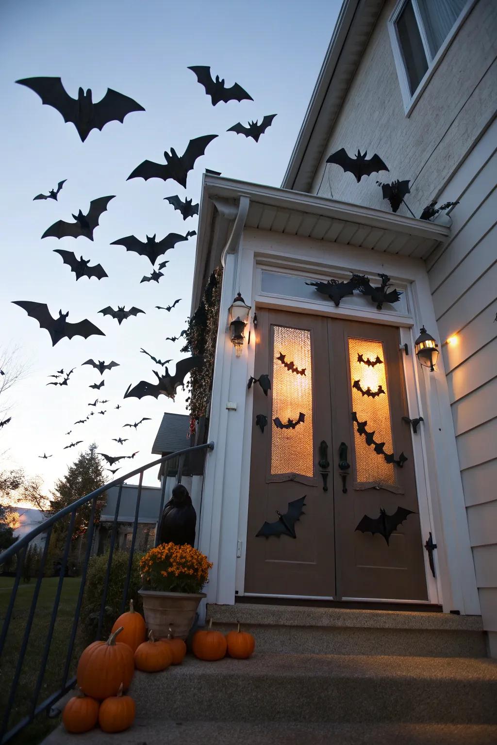 A cloud of bats brings Halloween exuberance to this portal.