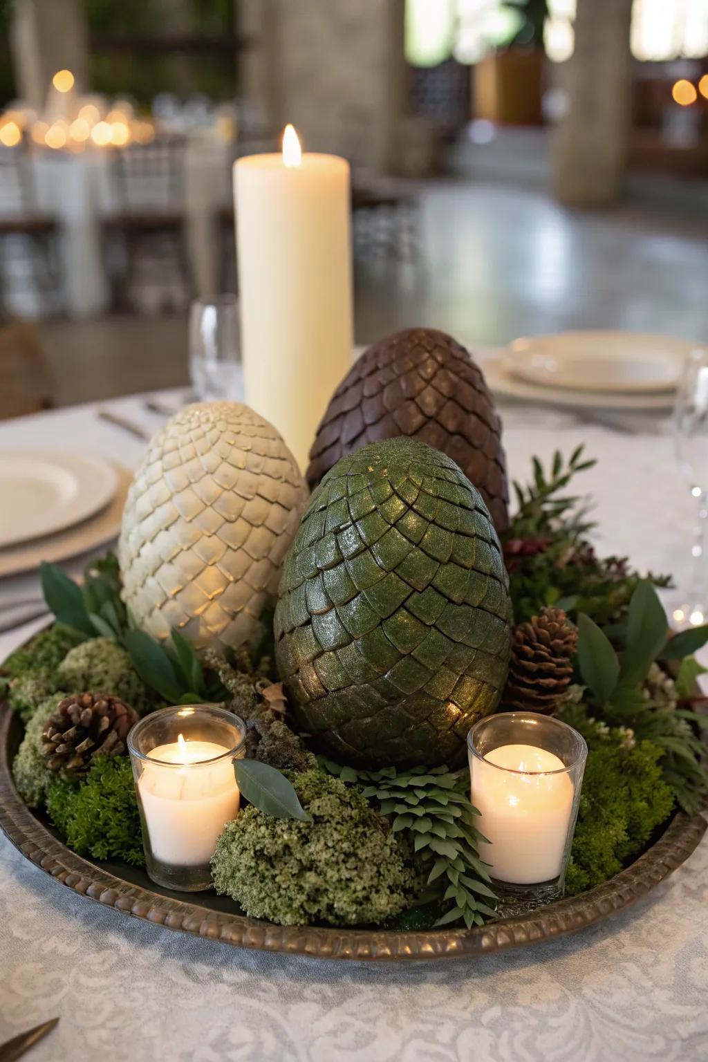 Dragon egg decorations add a whimsical touch to the tablescape.