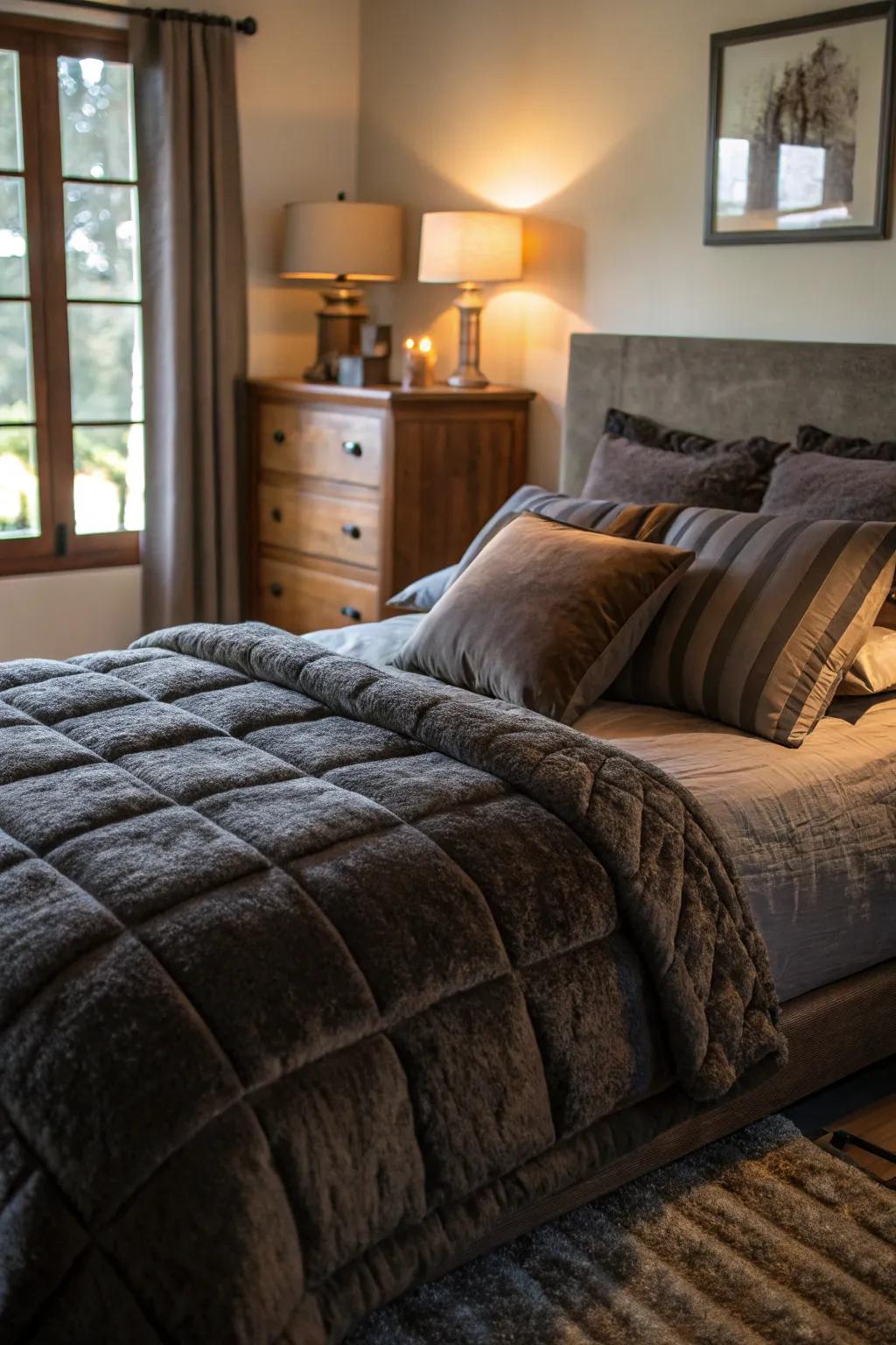 Opulent bedding in saturated shades promotes warmth and comfort.