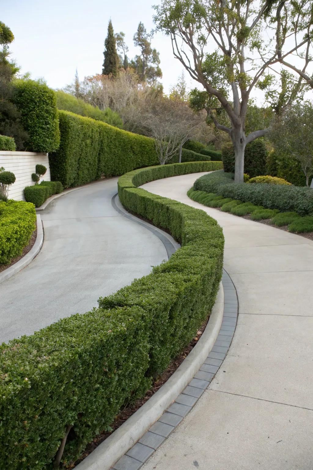 Curved hedges producing a playful and singular driveway route.