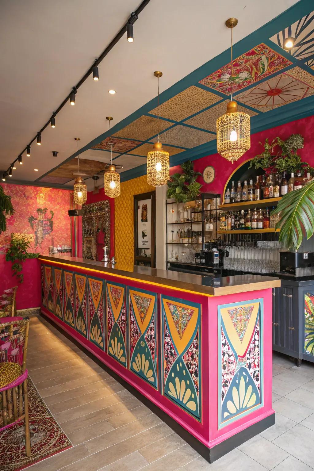 Stand out with a bold and bright home bar.