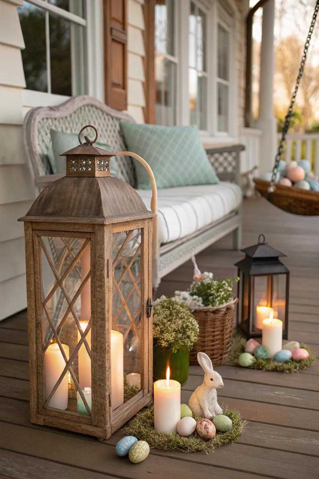 Rustic lanterns create a warm and inviting ambiance.