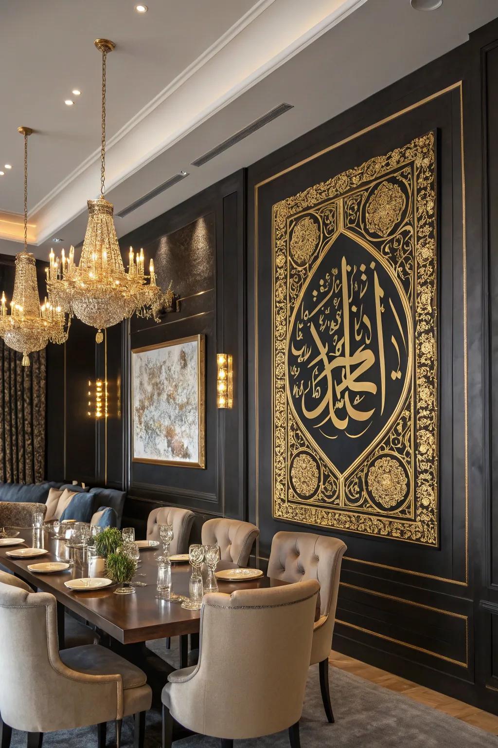 Gold and black paintings introduce a hint of opulence and heritage.