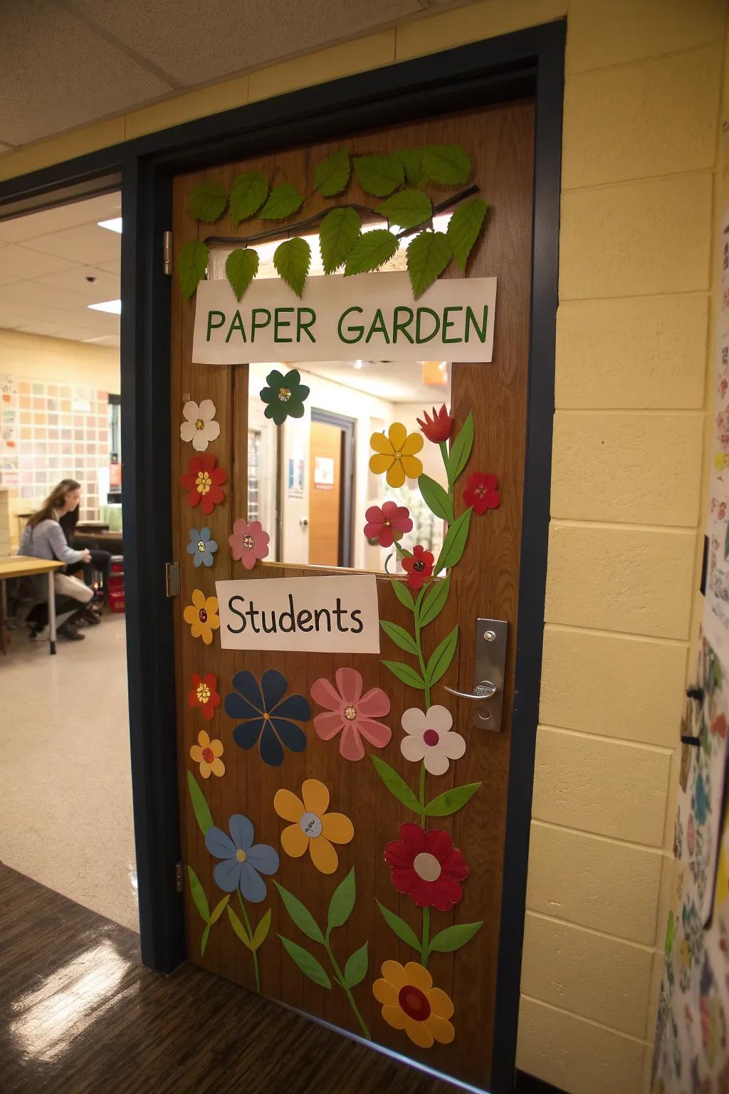 An interactive garden on a classroom door where students contribute their own blossoms.