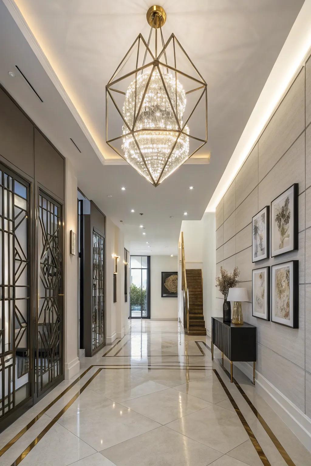 Geometric lighting injects a contemporary vibe into this area.