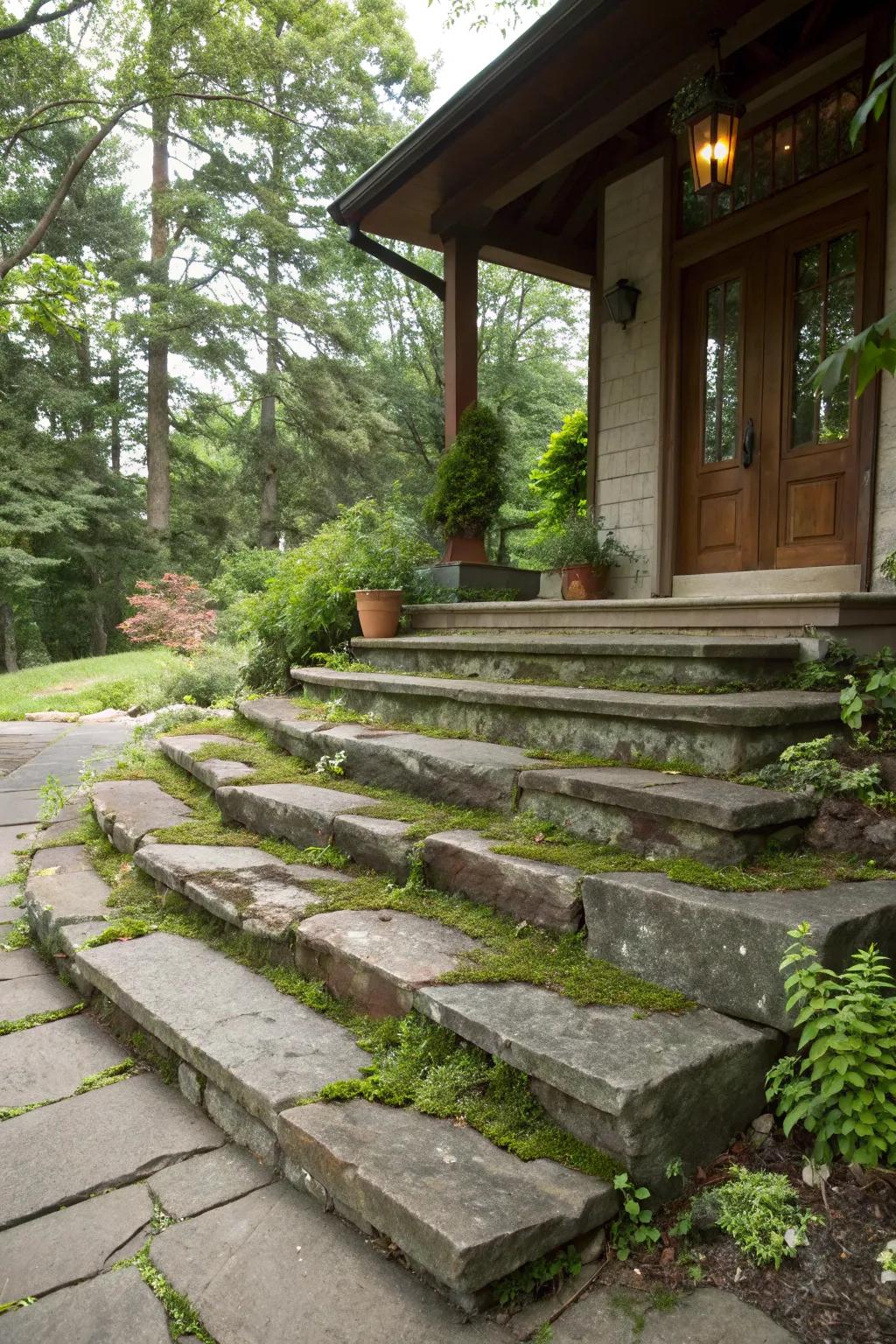 Rustic stone steps that establish a friendly and natural path to the porch.