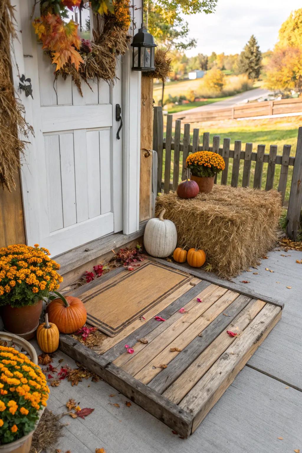 Rustic wooden doormat enhancing farmhouse appeal.