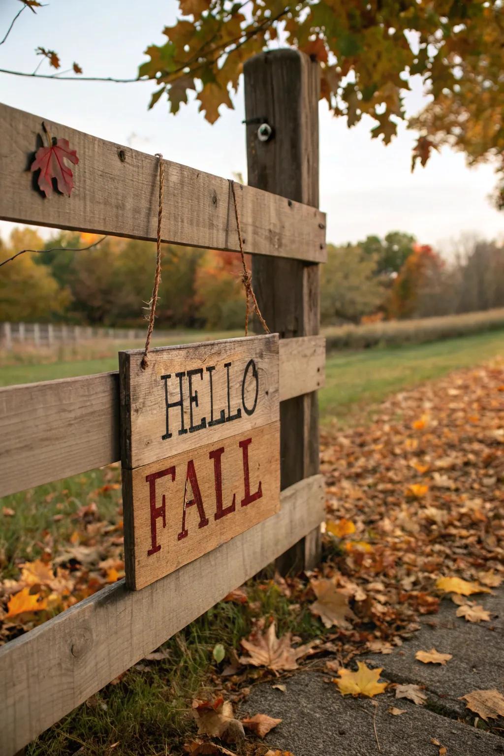 A wooden sign featuring a welcoming autumn message enhances the fence's charm.