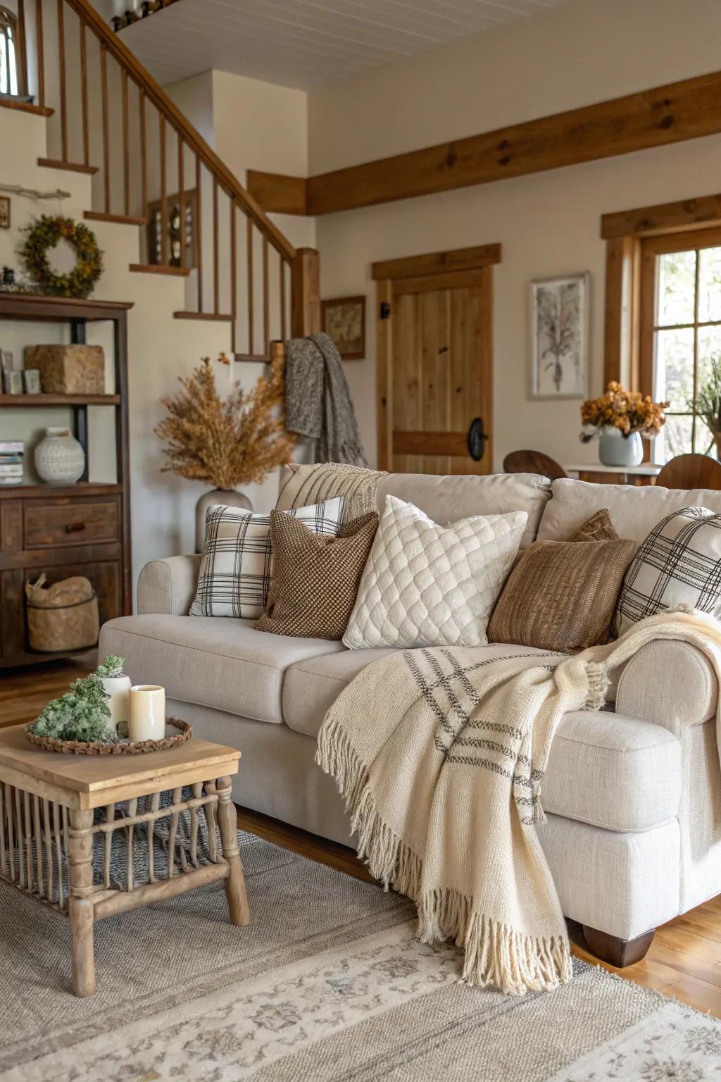 Textiles add warmth and comfort to farmhouse decor.