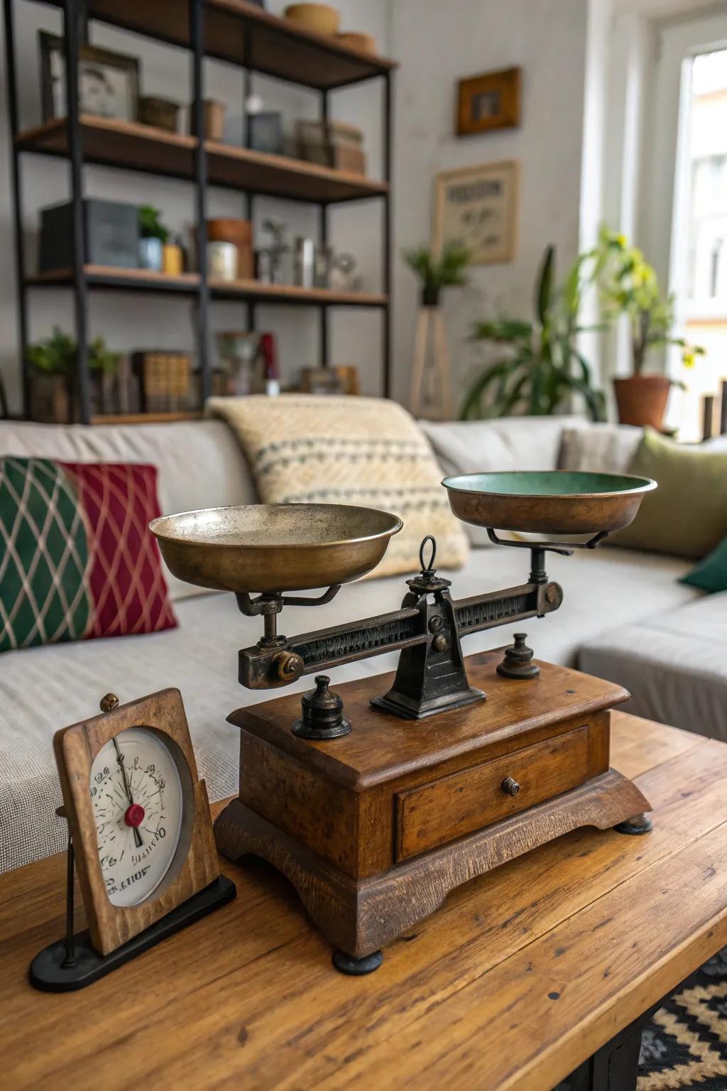 Layered patterns near a classic balance for enhanced intrigue.