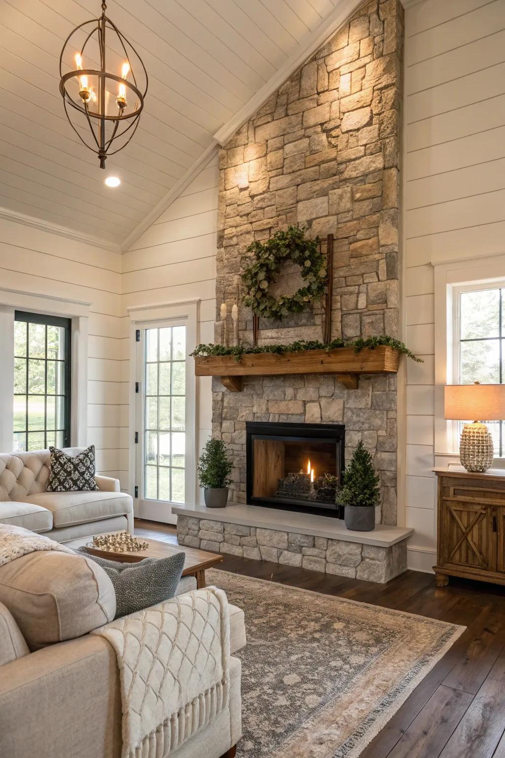 The amalgamation of planking and rock introduces sophistication and texture.