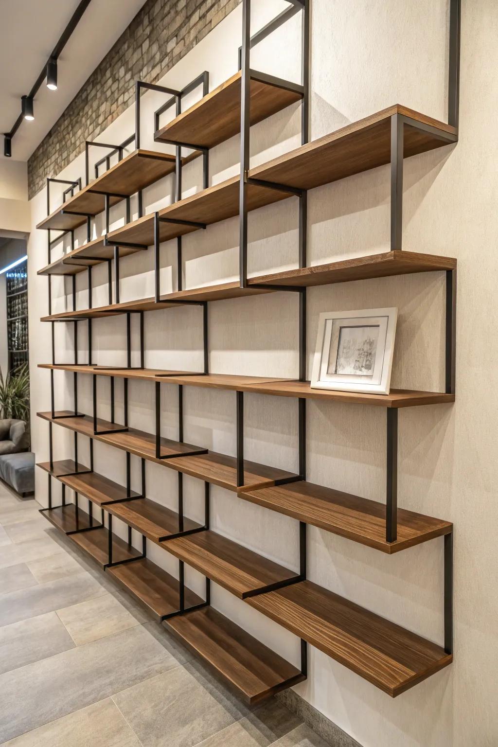 Tiered floating shelves generating depth and visual intrigue.